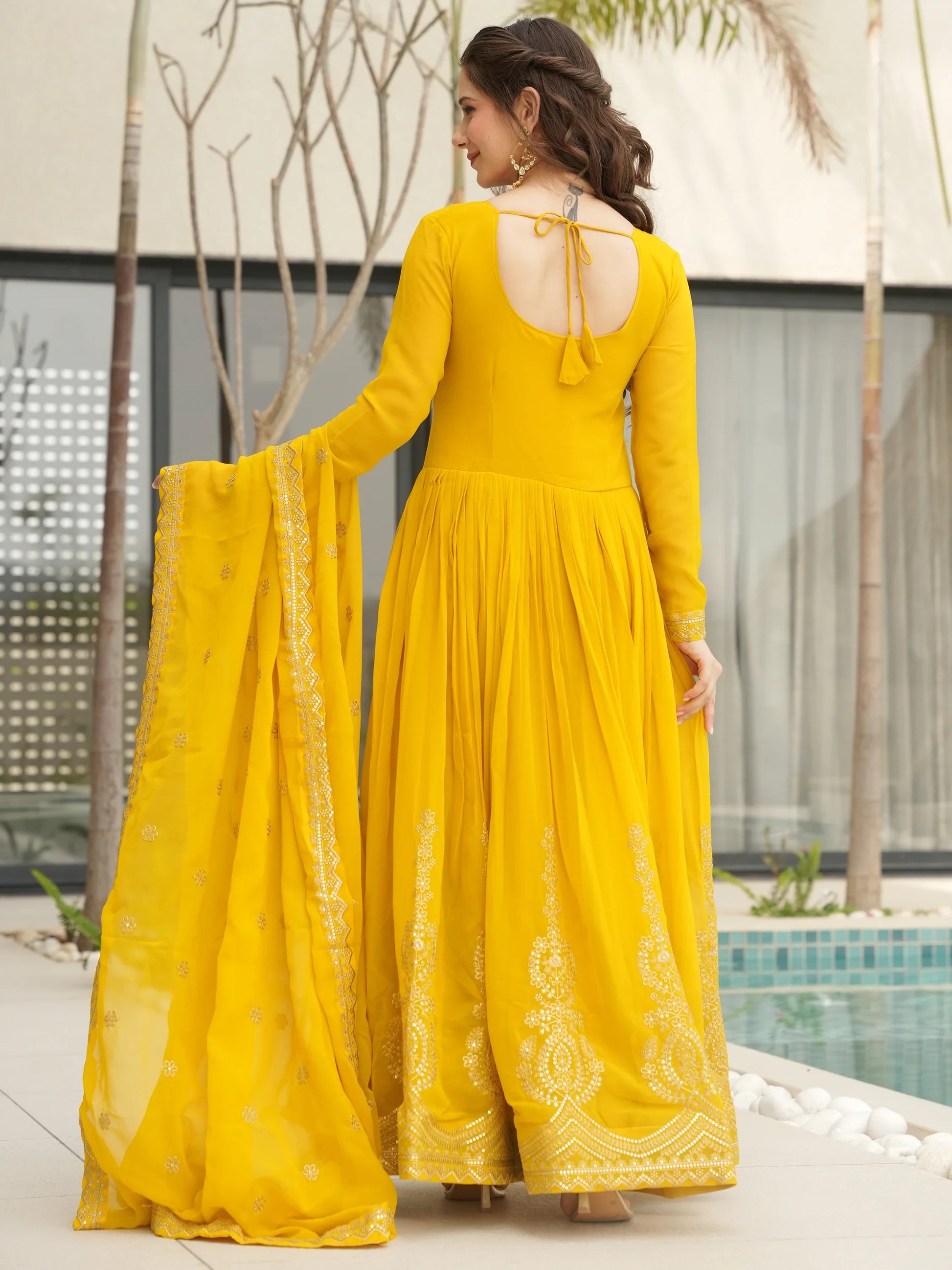 Marvelous Yellow Sequins Georgette Festival Wear Gown With Dupatta - Zeel Clothing