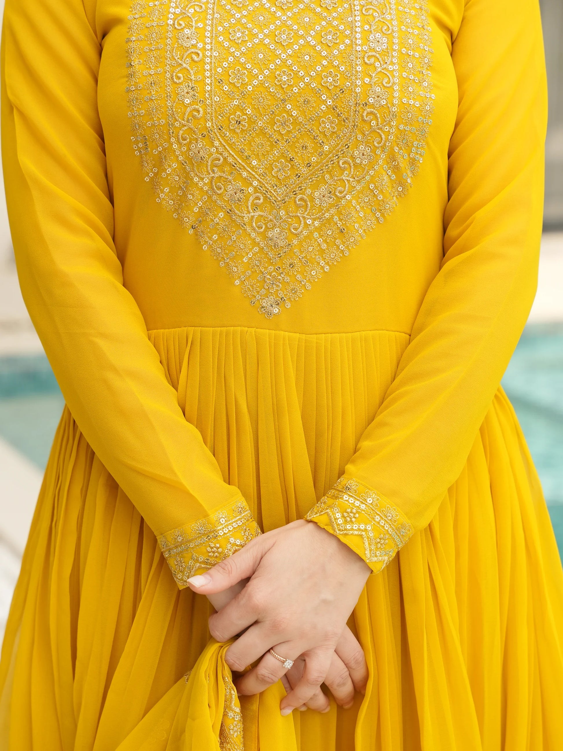 Marvelous Yellow Sequins Georgette Festival Wear Gown With Dupatta - Zeel Clothing