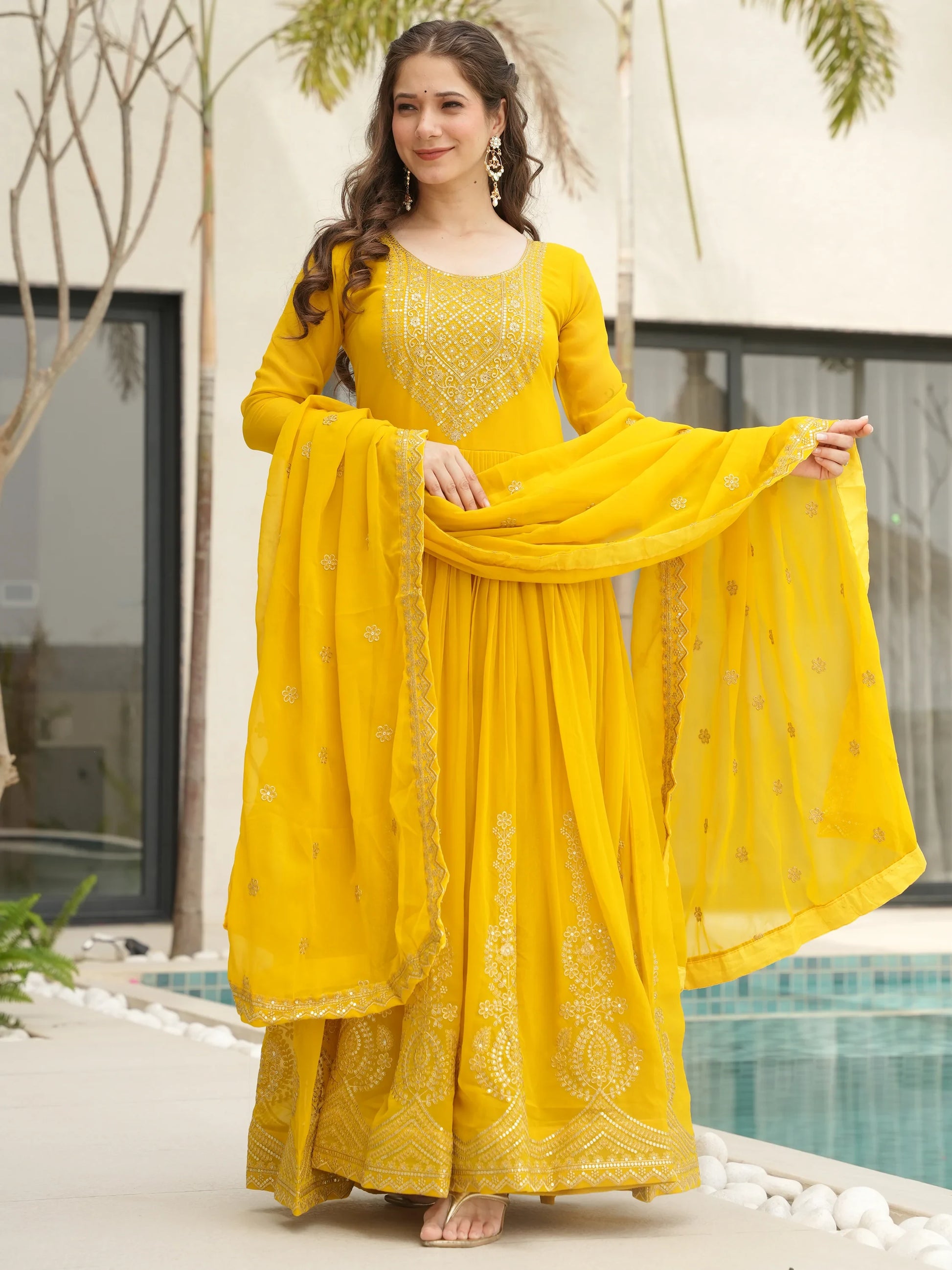 Marvelous Yellow Sequins Georgette Festival Wear Gown With Dupatta - Zeel Clothing