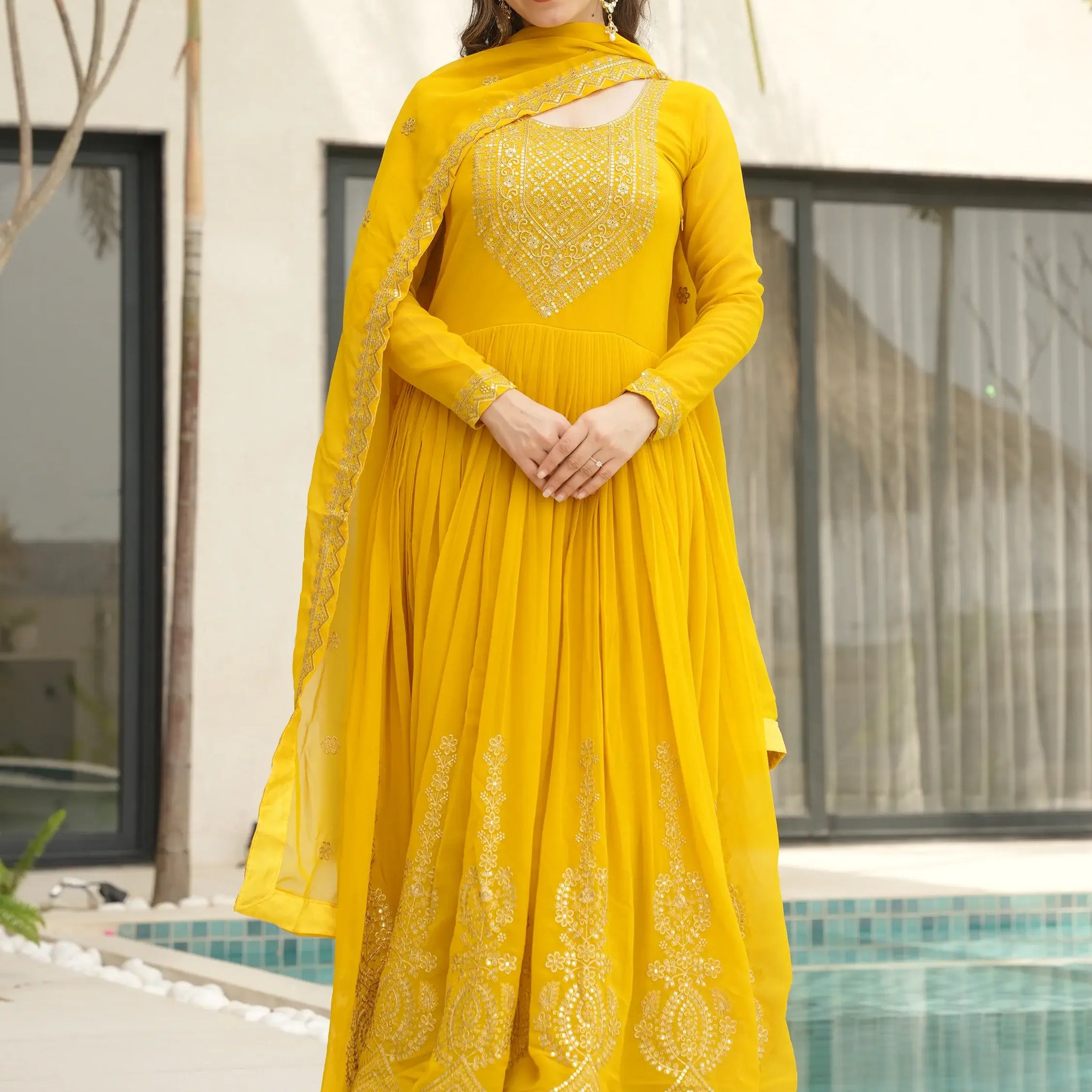 Marvelous Yellow Sequins Georgette Festival Wear Gown With Dupatta - Zeel Clothing