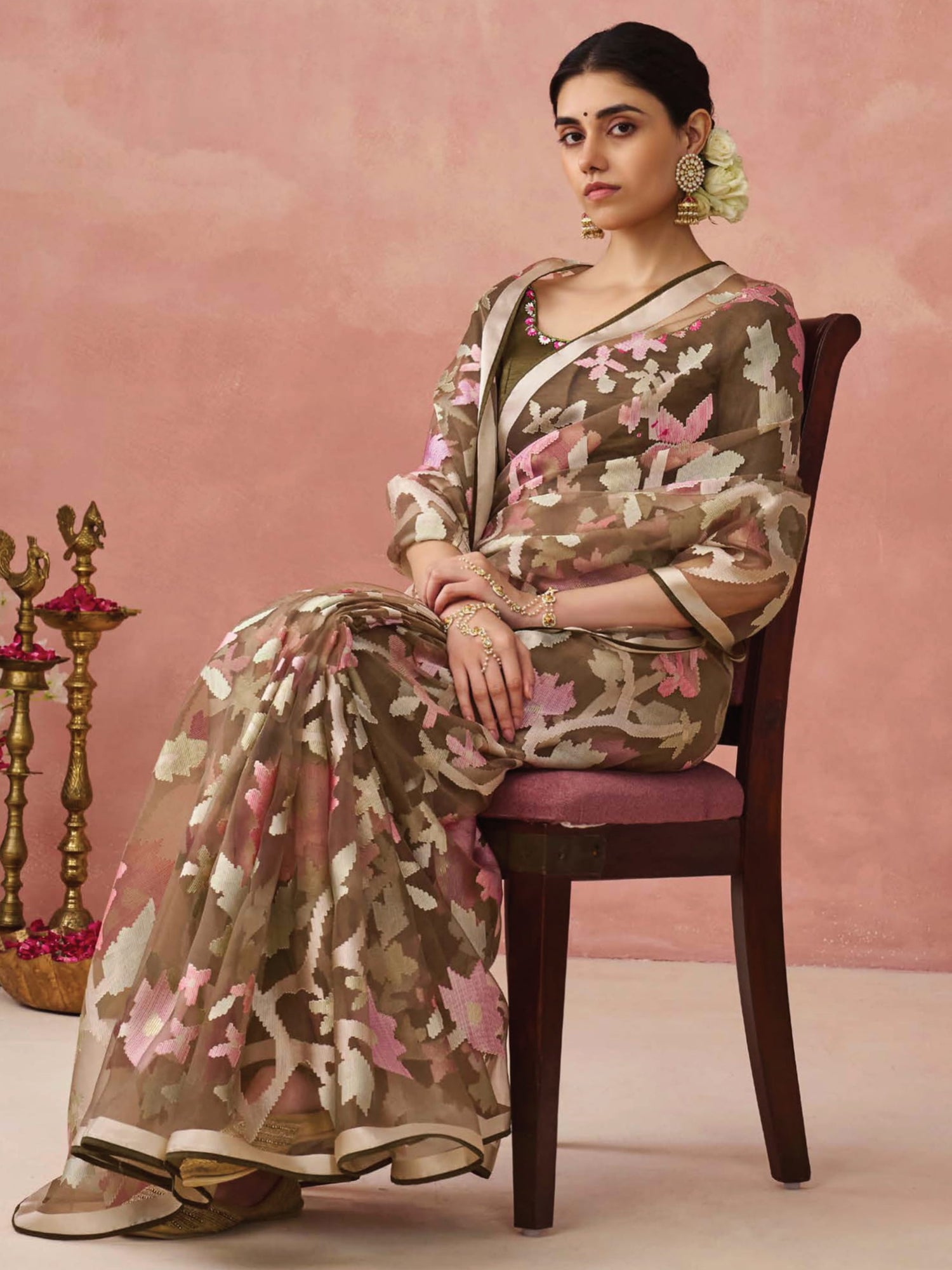 Adorable Olive Green Printed Organza Traditional Saree With Blouse