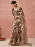 Adorable Olive Green Printed Organza Traditional Saree With Blouse