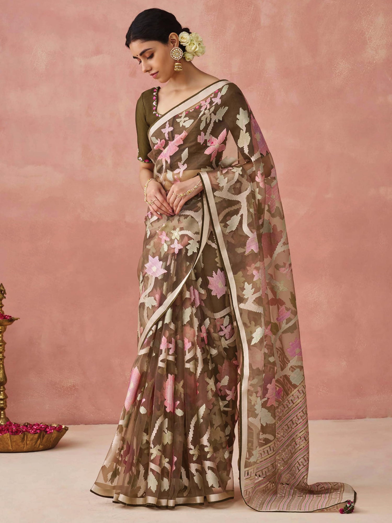 Adorable Olive Green Printed Organza Traditional Saree With Blouse