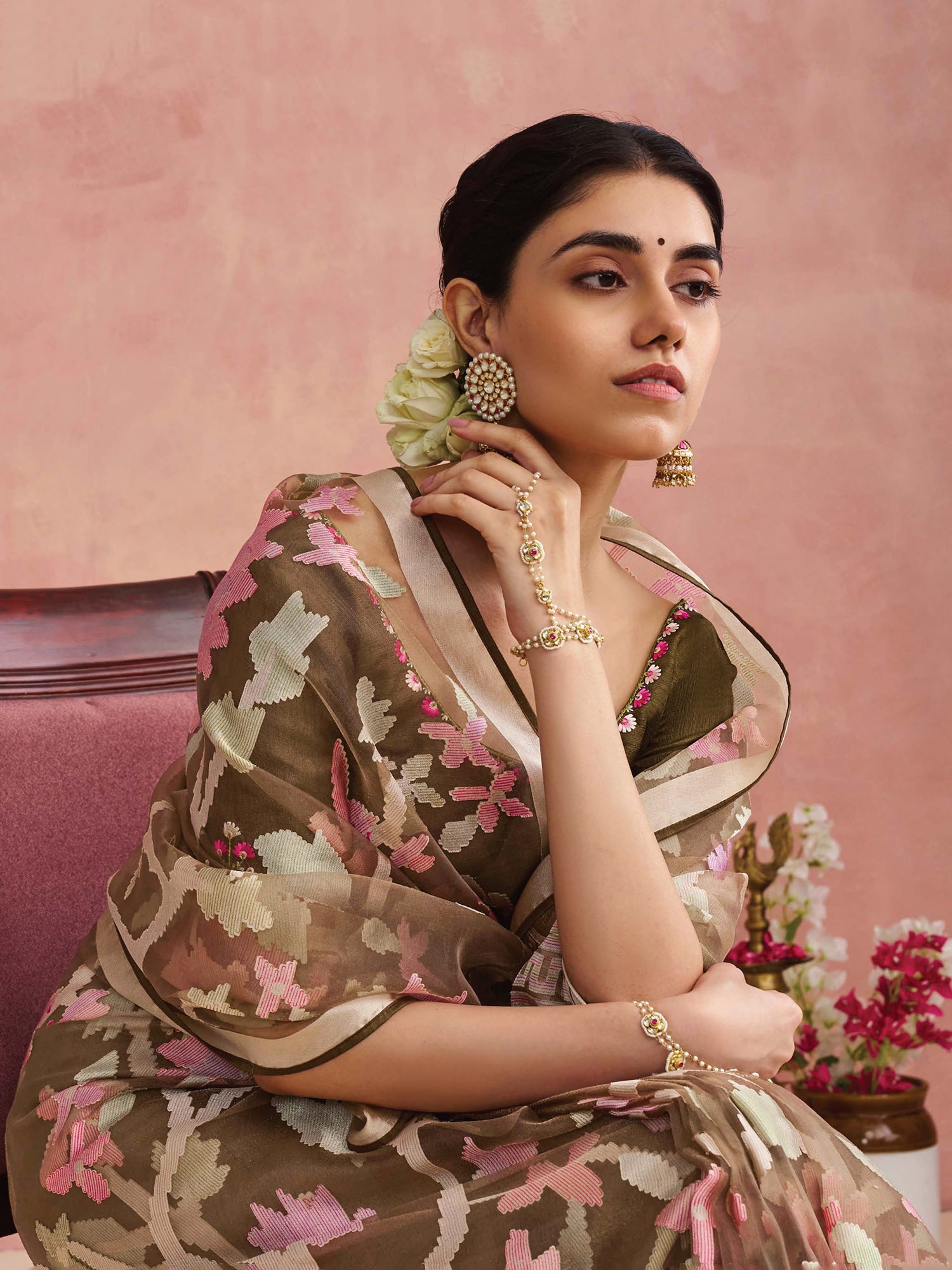 Adorable Olive Green Printed Organza Traditional Saree With Blouse