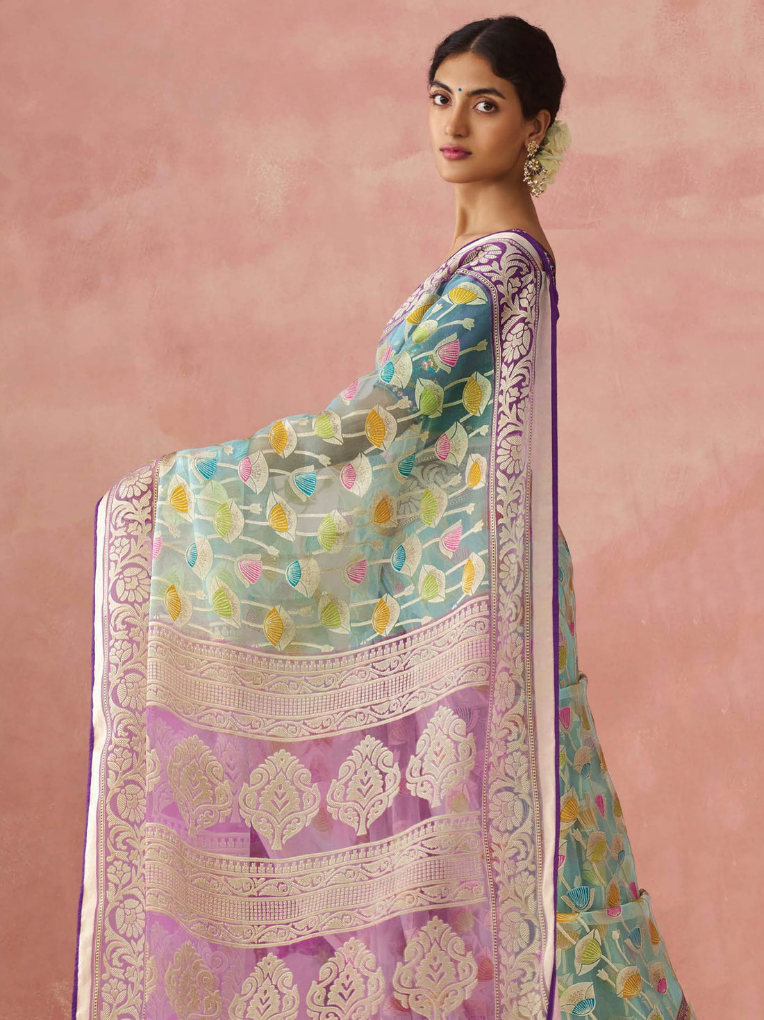 Stunning Sky Blue Printed Organza Traditional Saree With Blouse