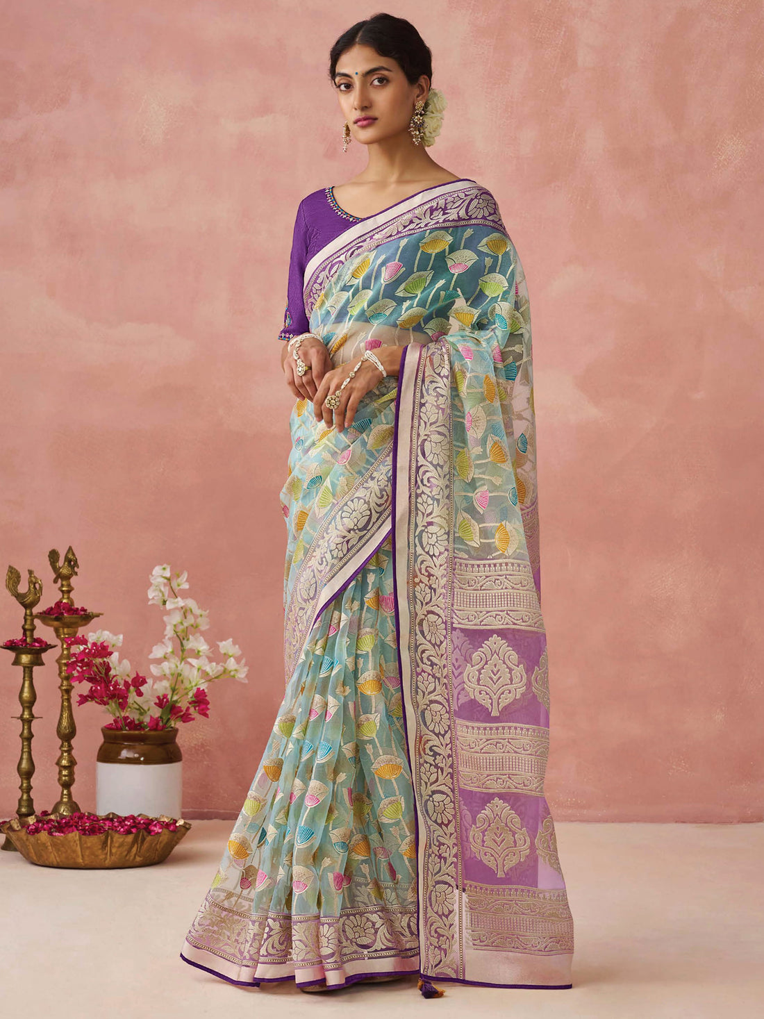 Stunning Sky Blue Printed Organza Traditional Saree With Blouse