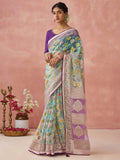 Stunning Sky Blue Printed Organza Traditional Saree With Blouse