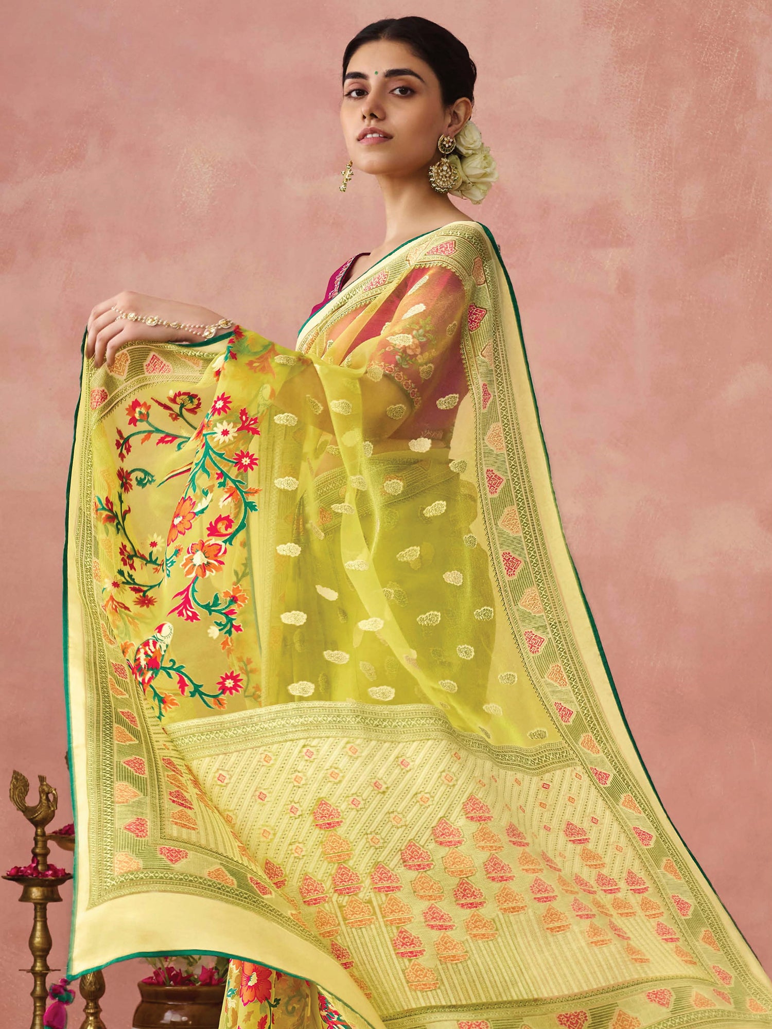 Gorgeous Yellow Printed Organza Event Wear Saree With Blouse
