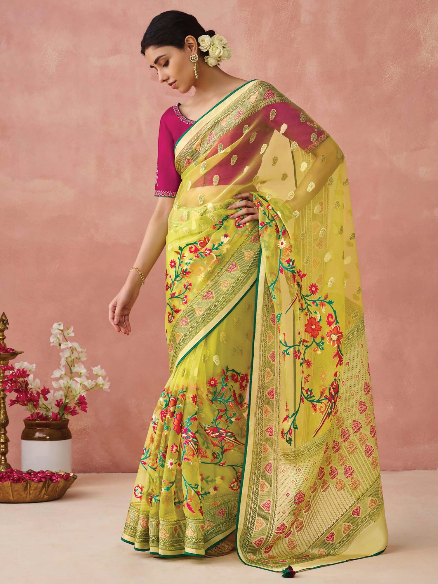 Gorgeous Yellow Printed Organza Event Wear Saree With Blouse