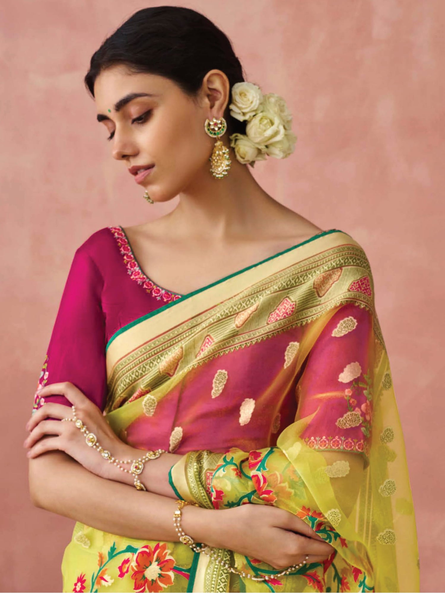 Gorgeous Yellow Printed Organza Event Wear Saree With Blouse