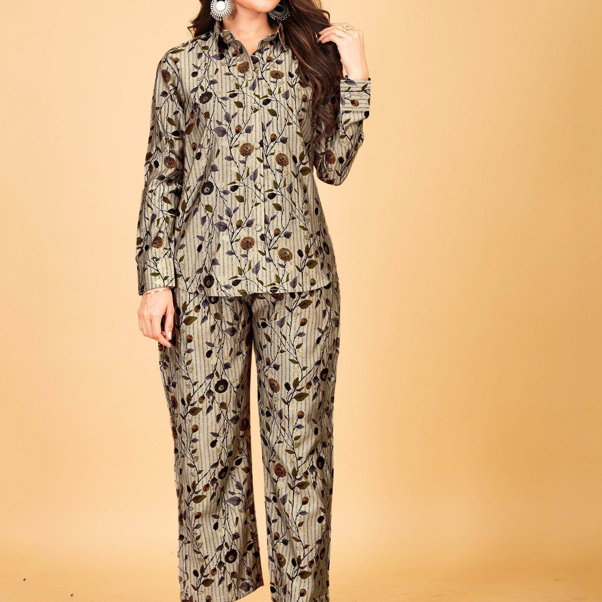 Memorable Grey Floral Printed Satin Top Pant Co-Ord Set - Zeel Clothing