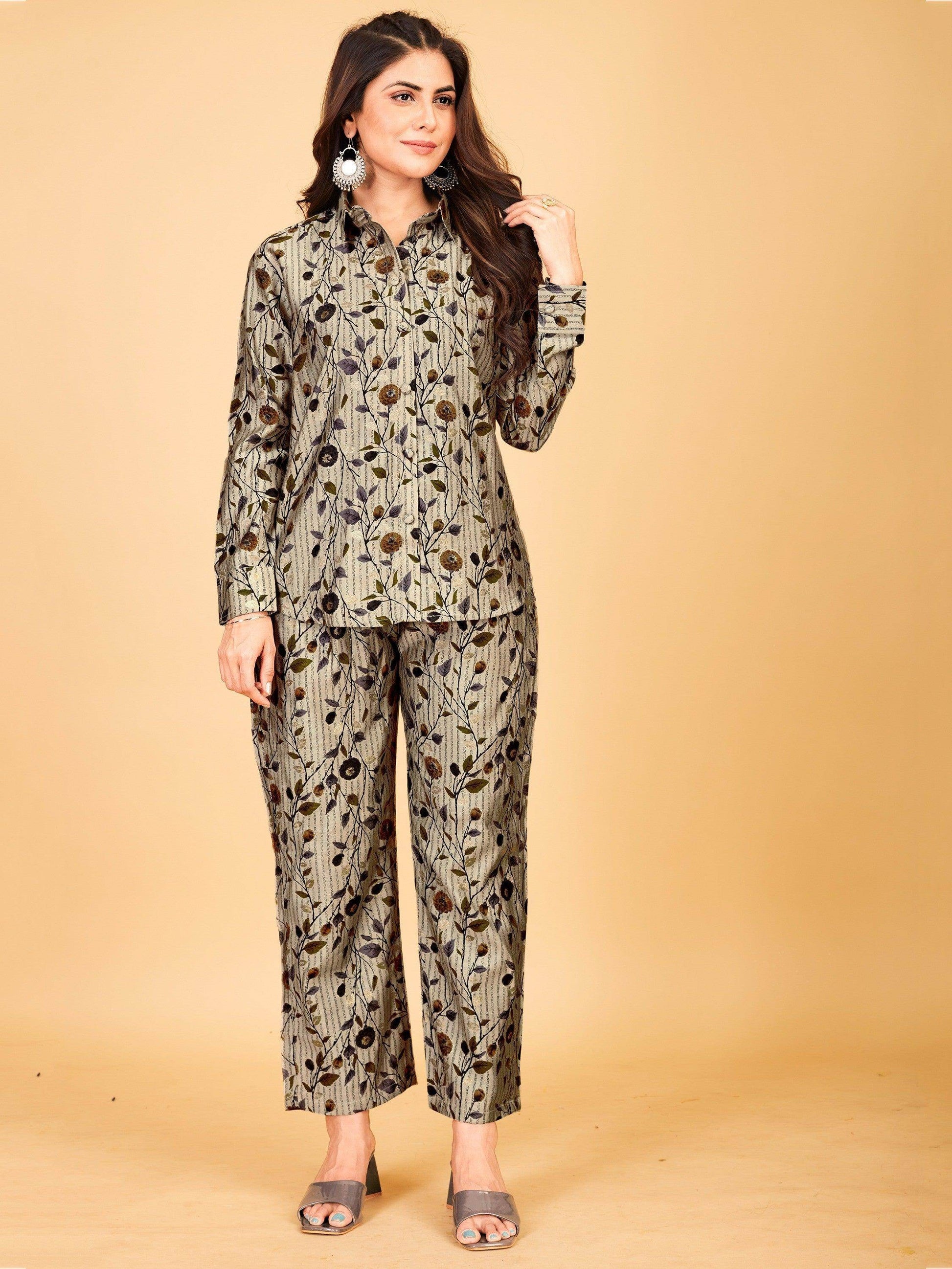 Memorable Grey Floral Printed Satin Top Pant Co-Ord Set - Zeel Clothing