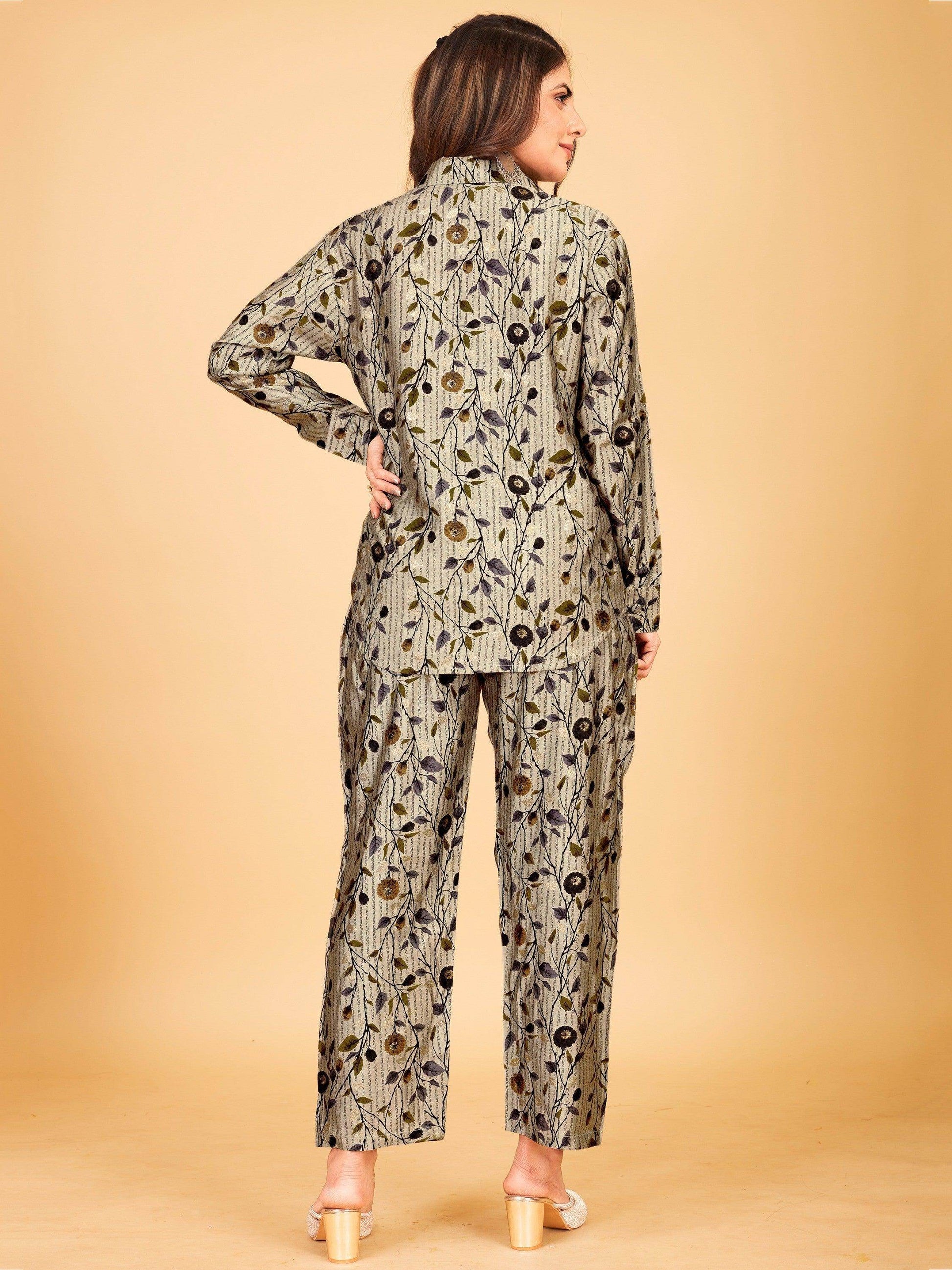 Memorable Grey Floral Printed Satin Top Pant Co-Ord Set - Zeel Clothing