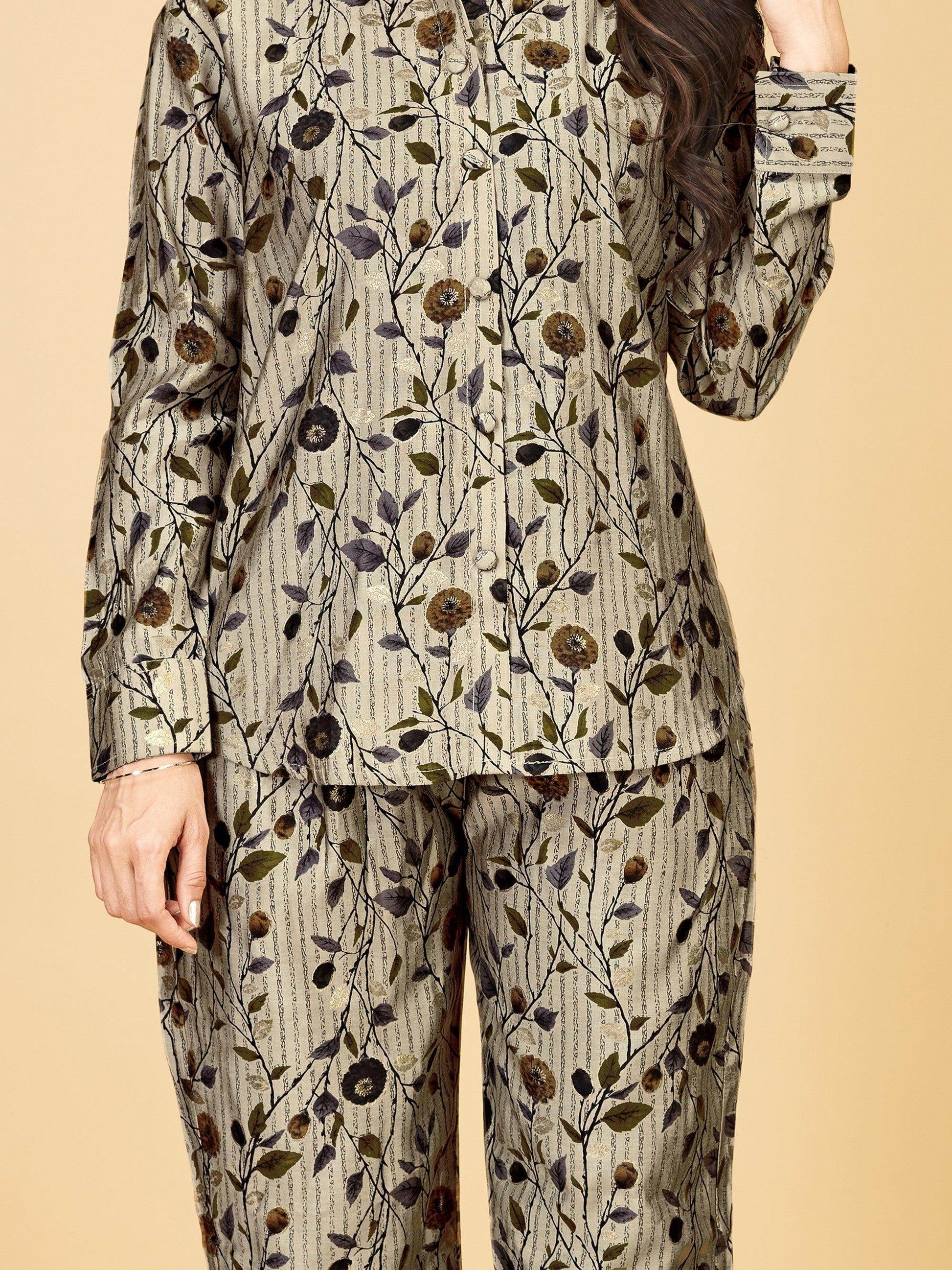 Memorable Grey Floral Printed Satin Top Pant Co-Ord Set - Zeel Clothing