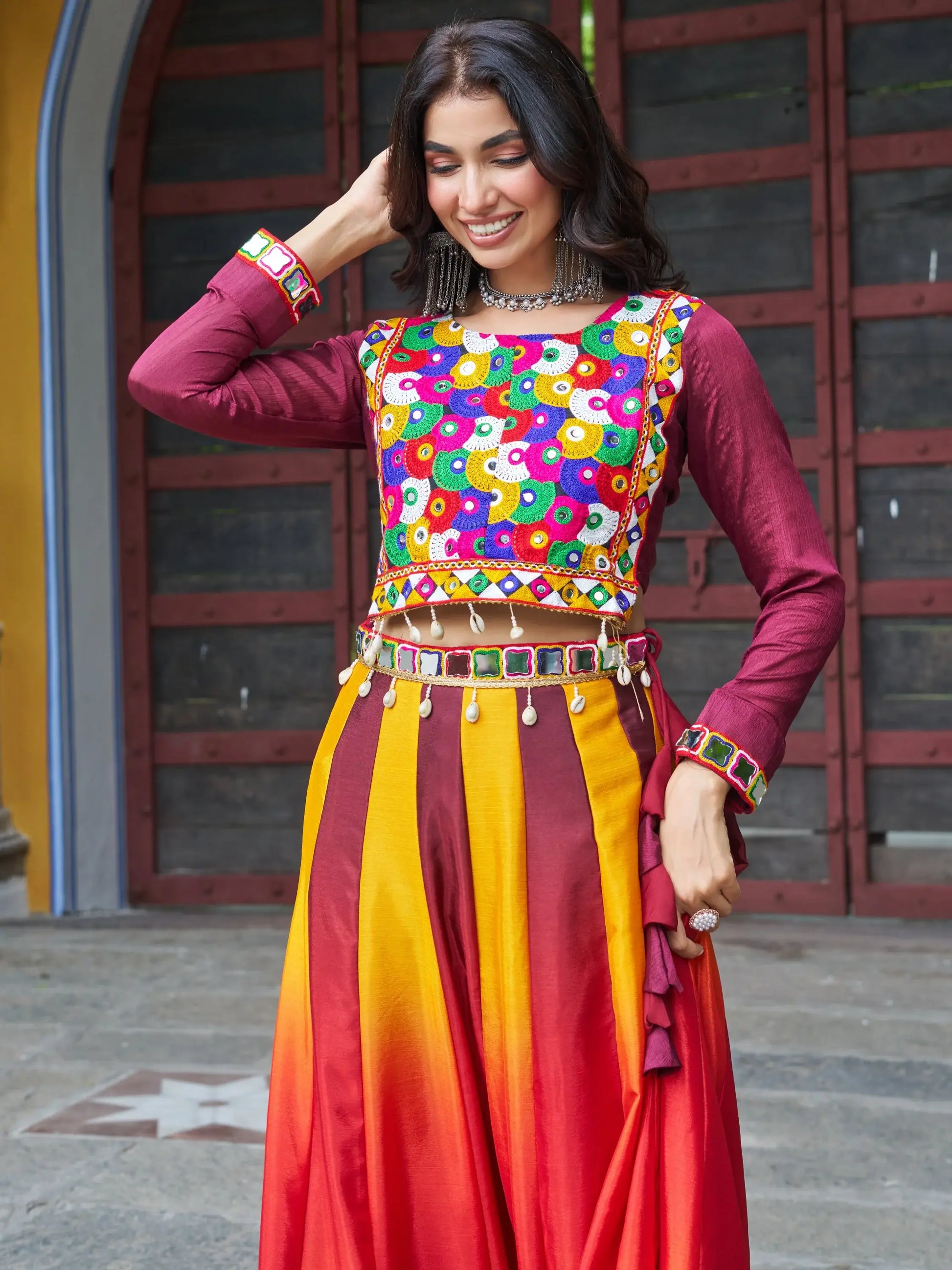 Memorable Maroon Chinon Navratri Wear Lehenga With Kutchi Work Blouse - Zeel Clothing