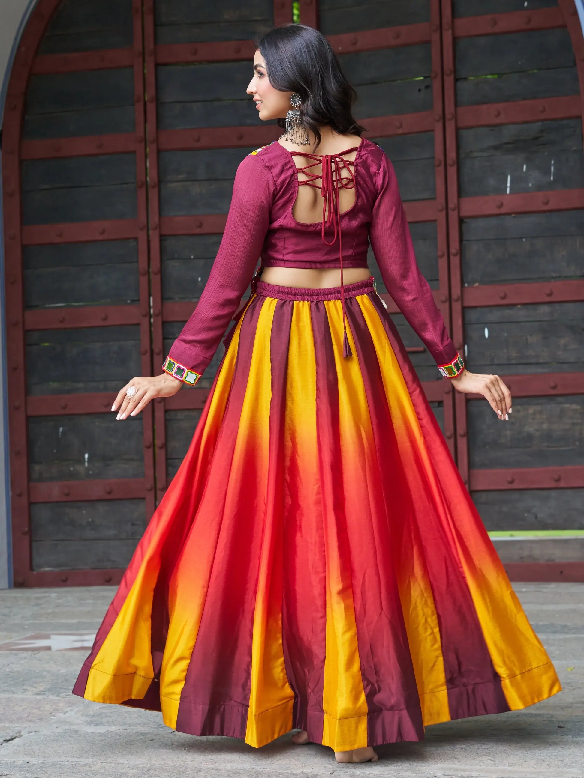 Memorable Maroon Chinon Navratri Wear Lehenga With Kutchi Work Blouse - Zeel Clothing