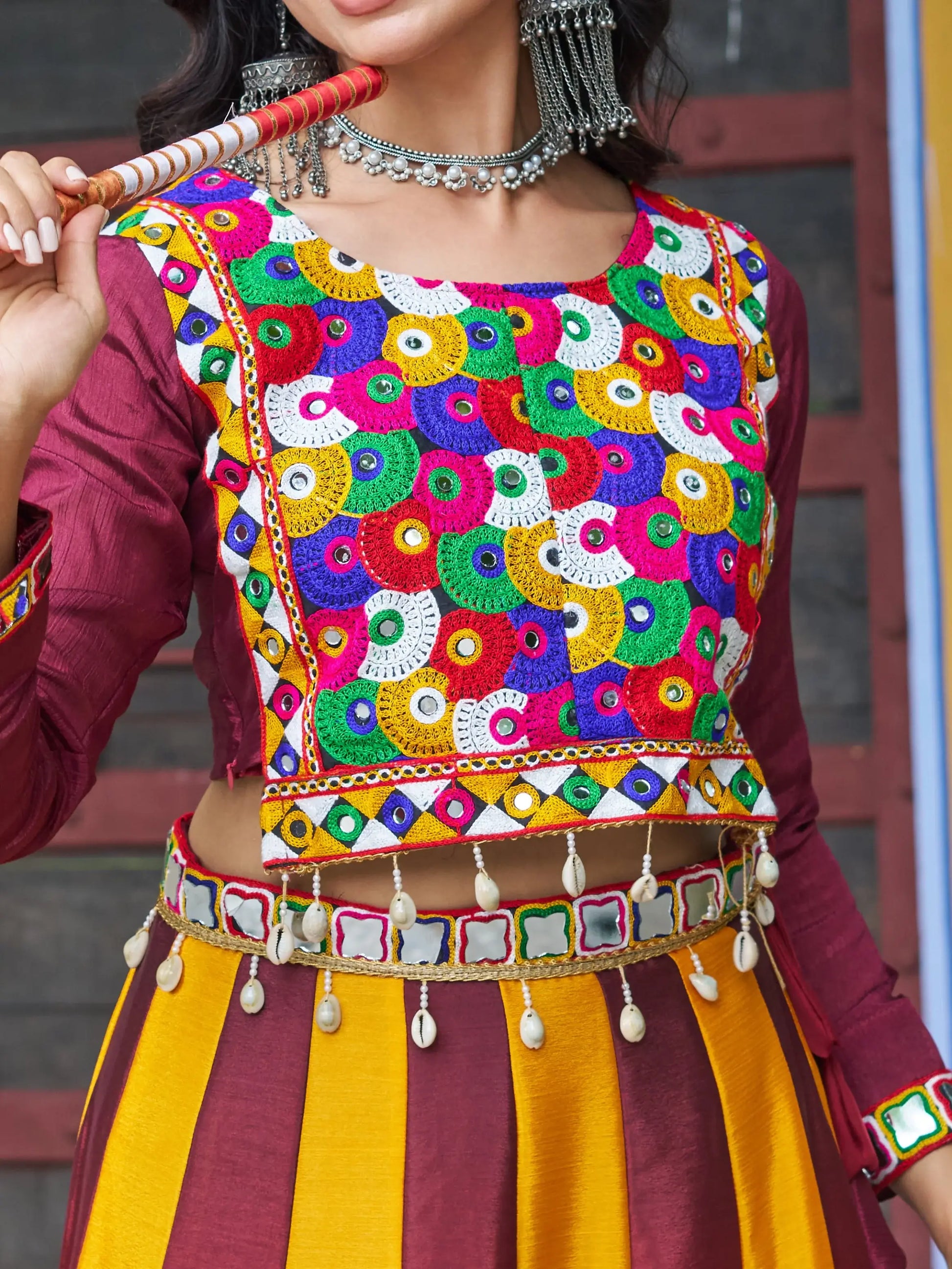 Memorable Maroon Chinon Navratri Wear Lehenga With Kutchi Work Blouse - Zeel Clothing