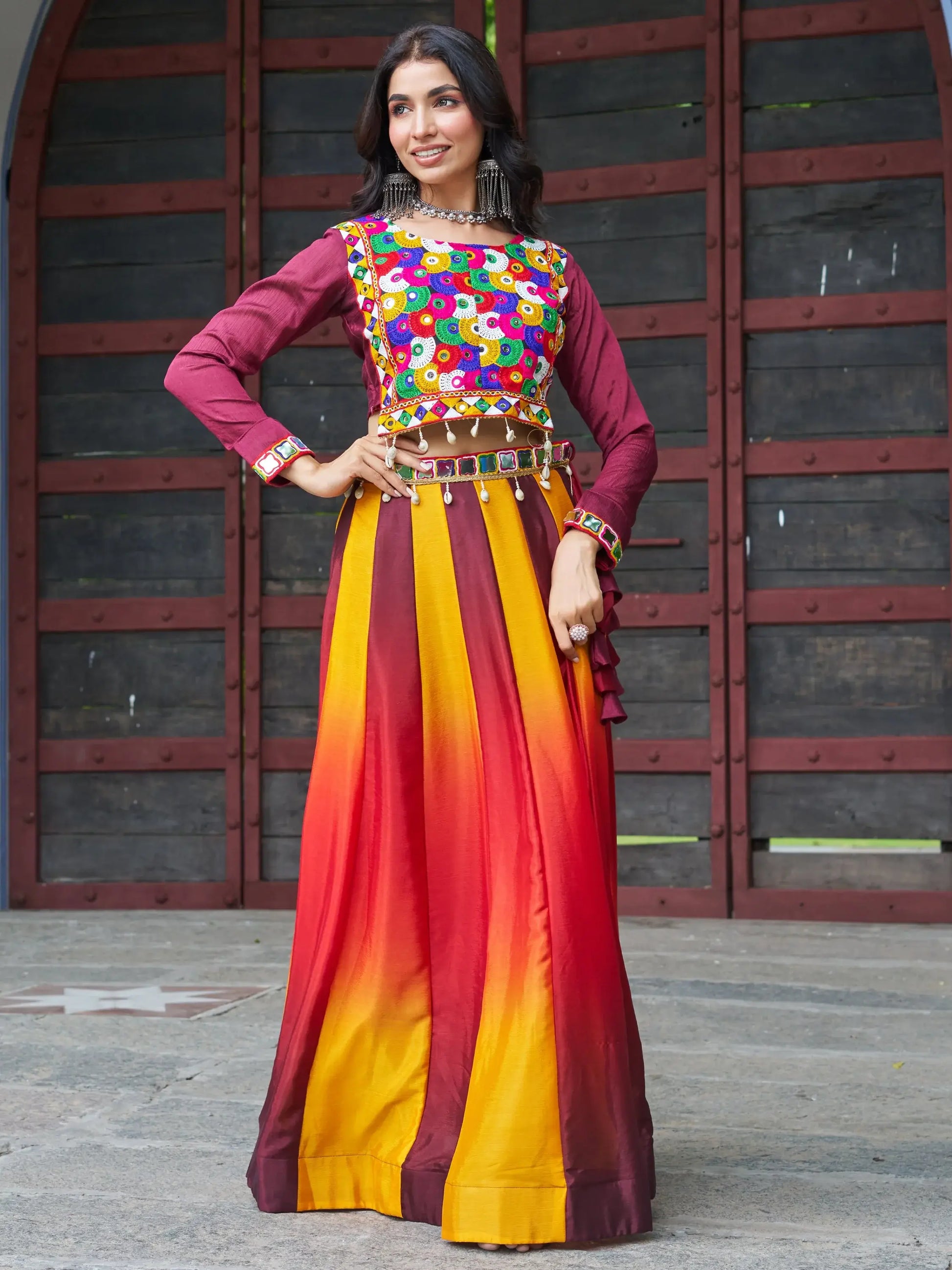 Memorable Maroon Chinon Navratri Wear Lehenga With Kutchi Work Blouse - Zeel Clothing