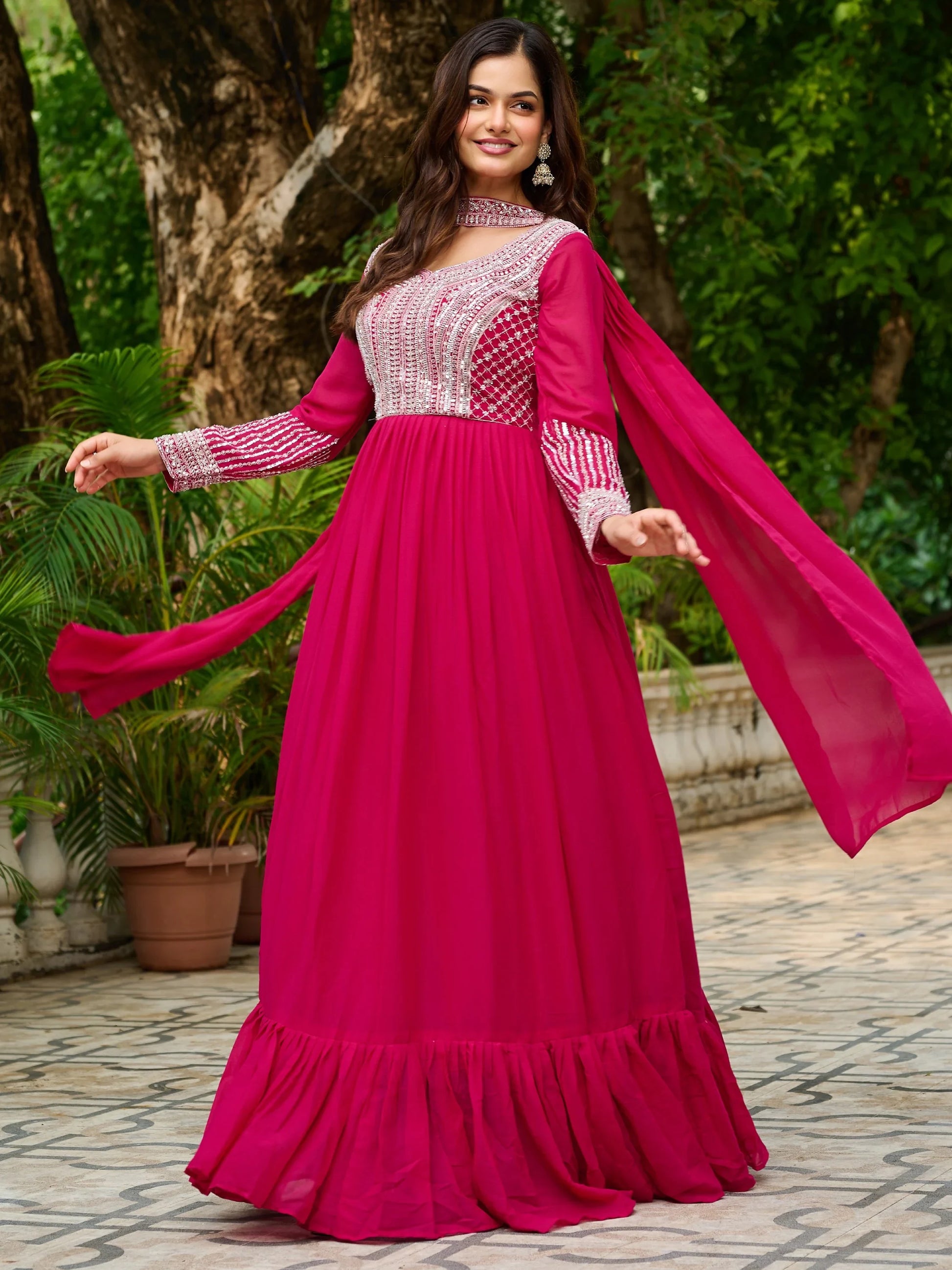 Memorable Pink Bead Embroidery Georgette Party Wear Gown With Dupatta - Zeel Clothing