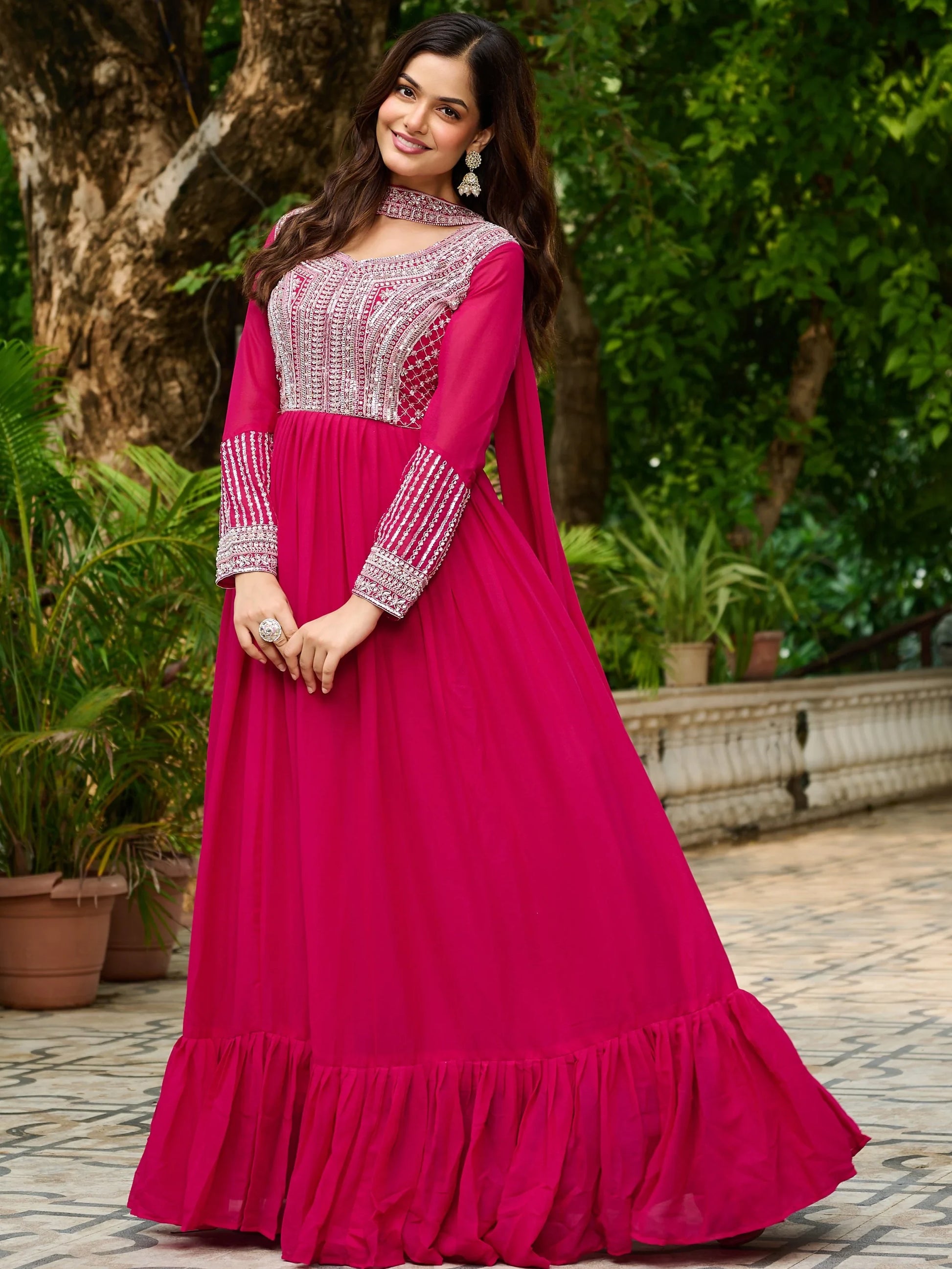 Memorable Pink Bead Embroidery Georgette Party Wear Gown With Dupatta - Zeel Clothing