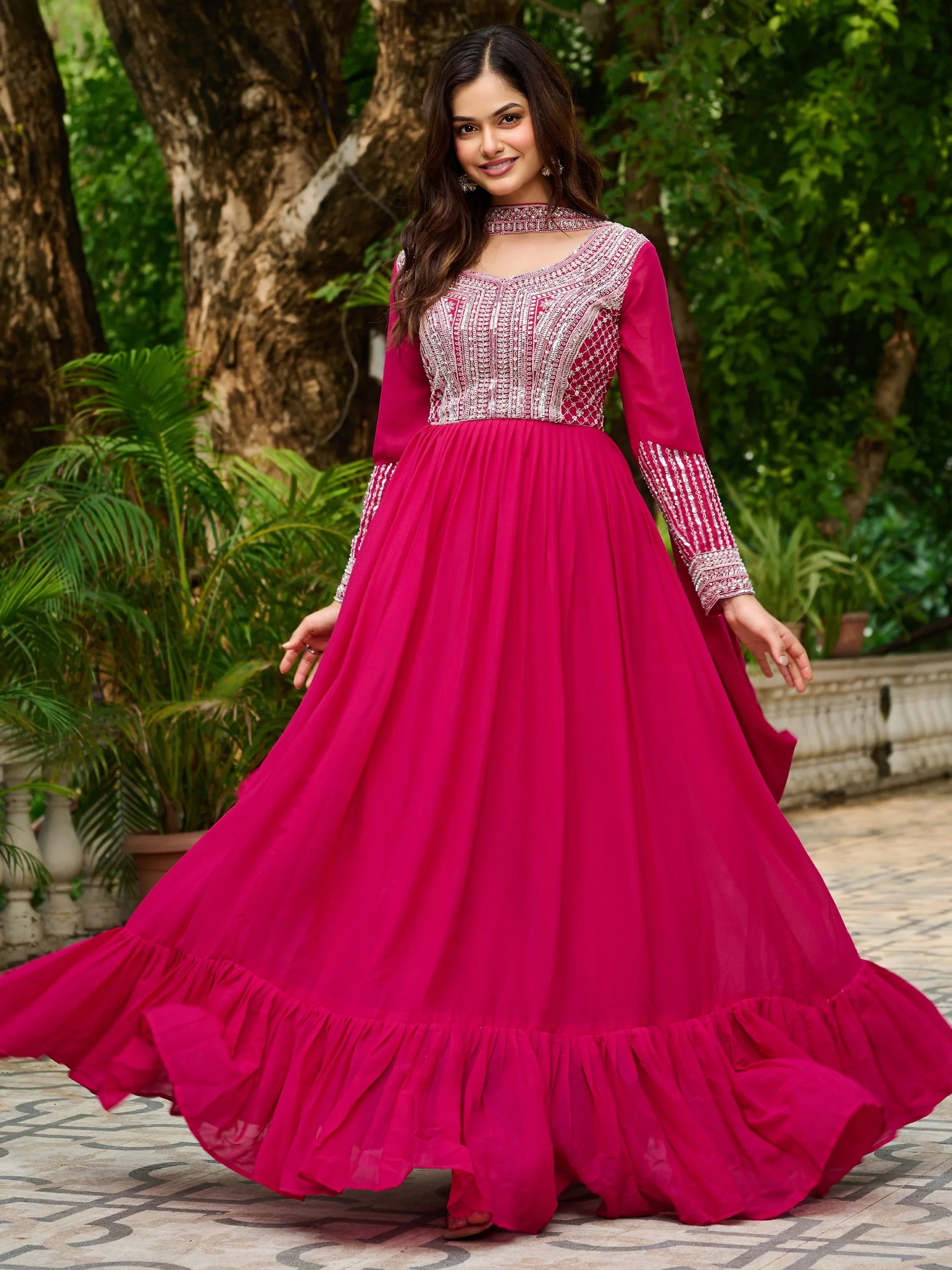 Memorable Pink Bead Embroidery Georgette Party Wear Gown With Dupatta - Zeel Clothing