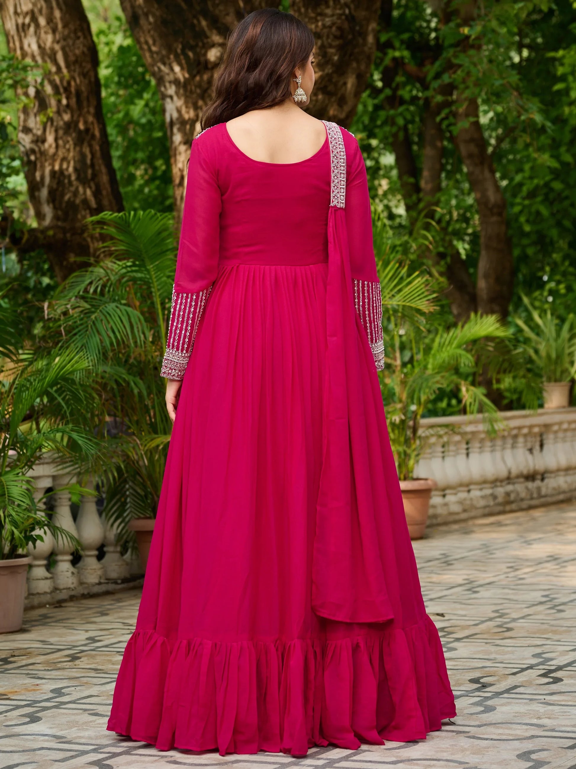 Memorable Pink Bead Embroidery Georgette Party Wear Gown With Dupatta - Zeel Clothing