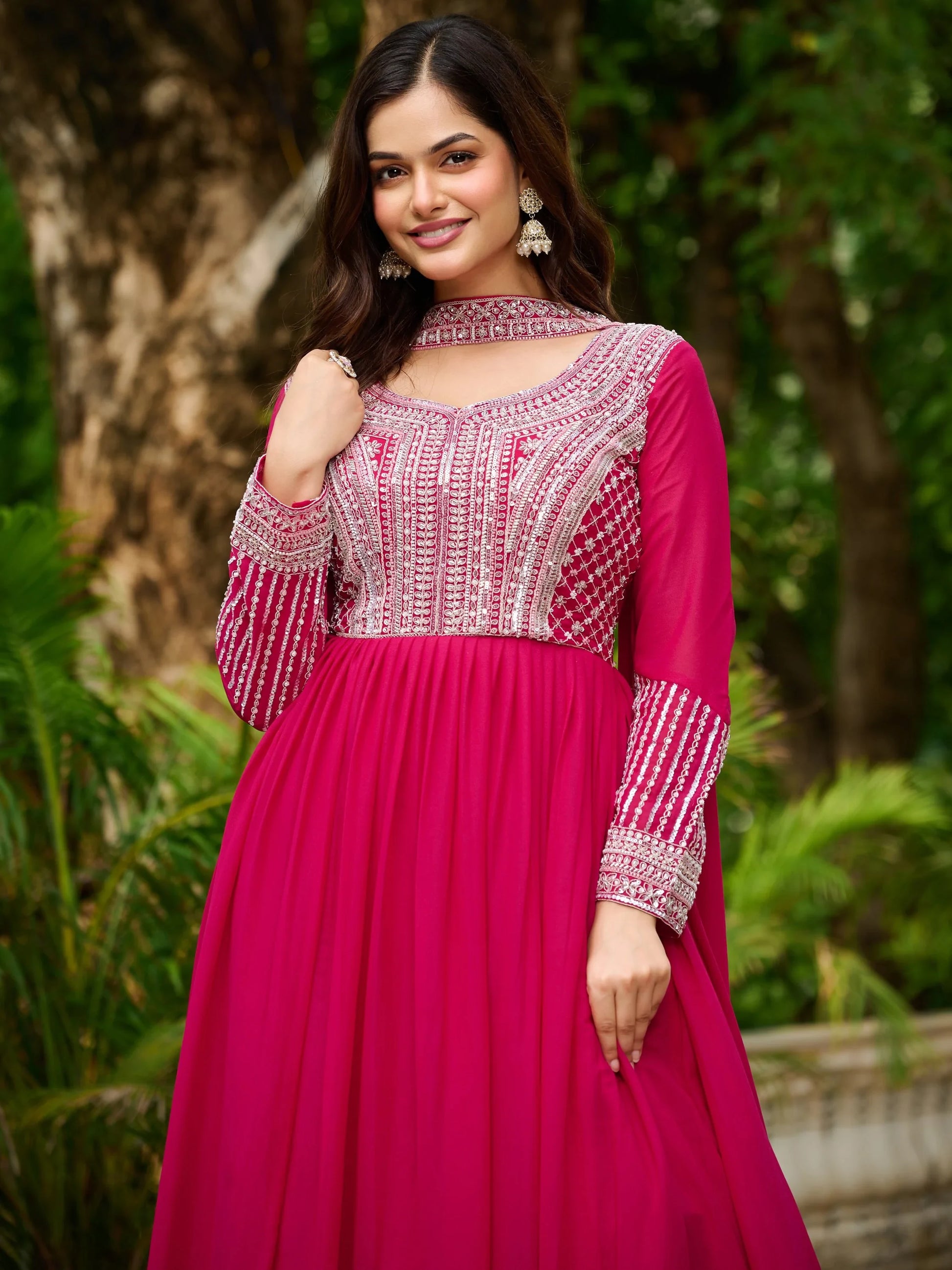 Memorable Pink Bead Embroidery Georgette Party Wear Gown With Dupatta - Zeel Clothing