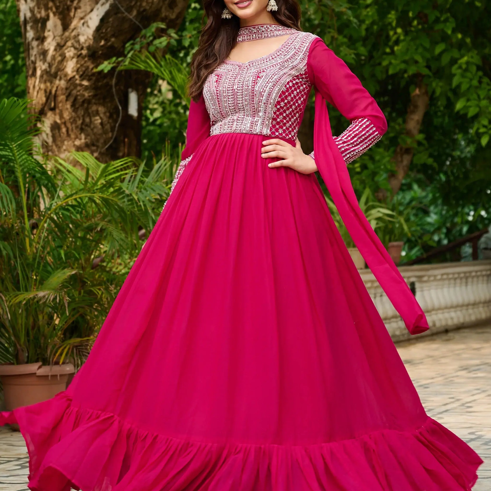 Memorable Pink Bead Embroidery Georgette Party Wear Gown With Dupatta - Zeel Clothing