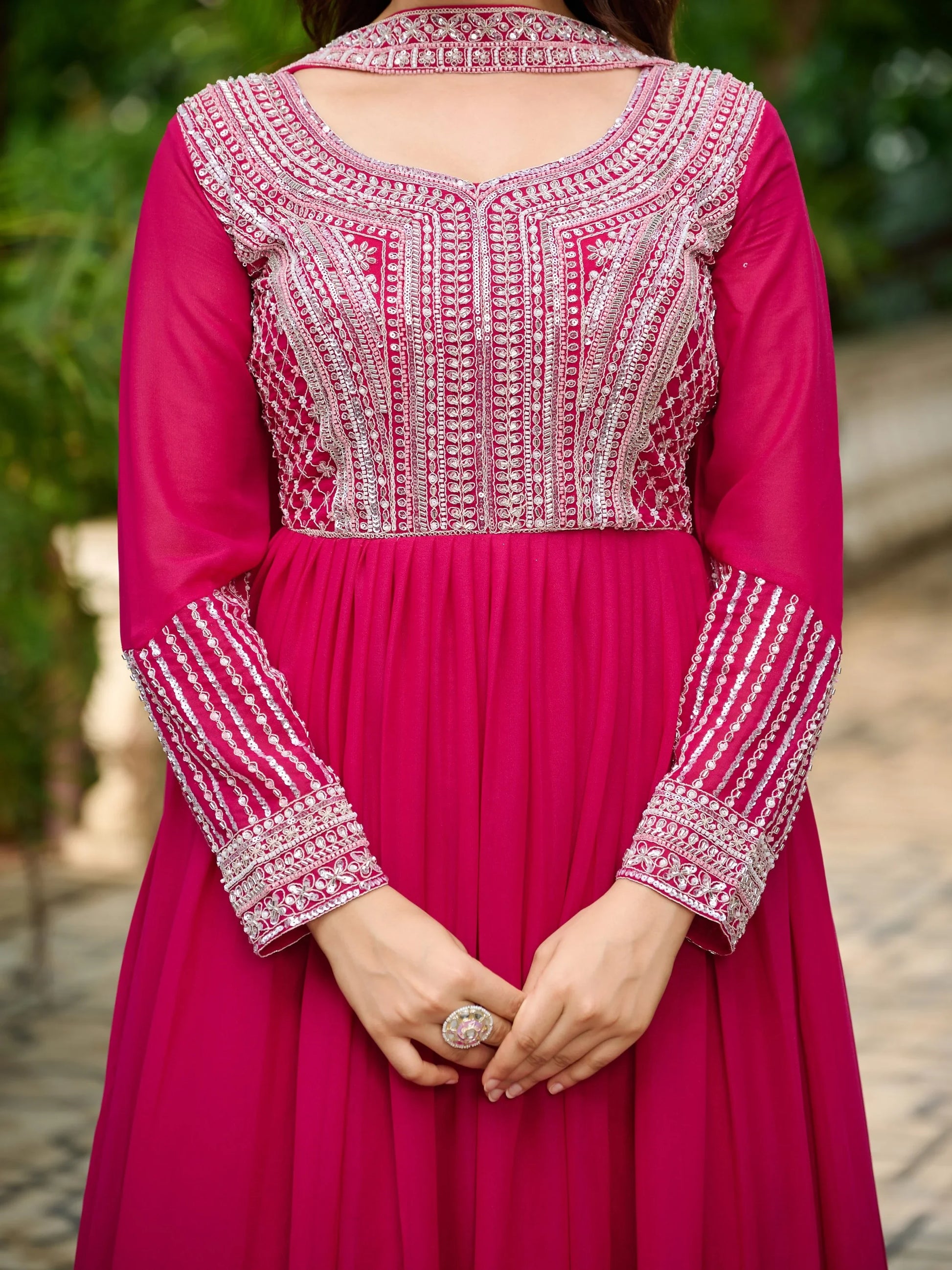 Memorable Pink Bead Embroidery Georgette Party Wear Gown With Dupatta - Zeel Clothing