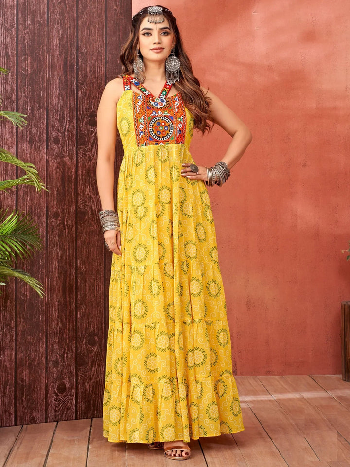 Memorable Yellow Bandhani Print Georgette Navratri Special Gown - Zeel Clothing