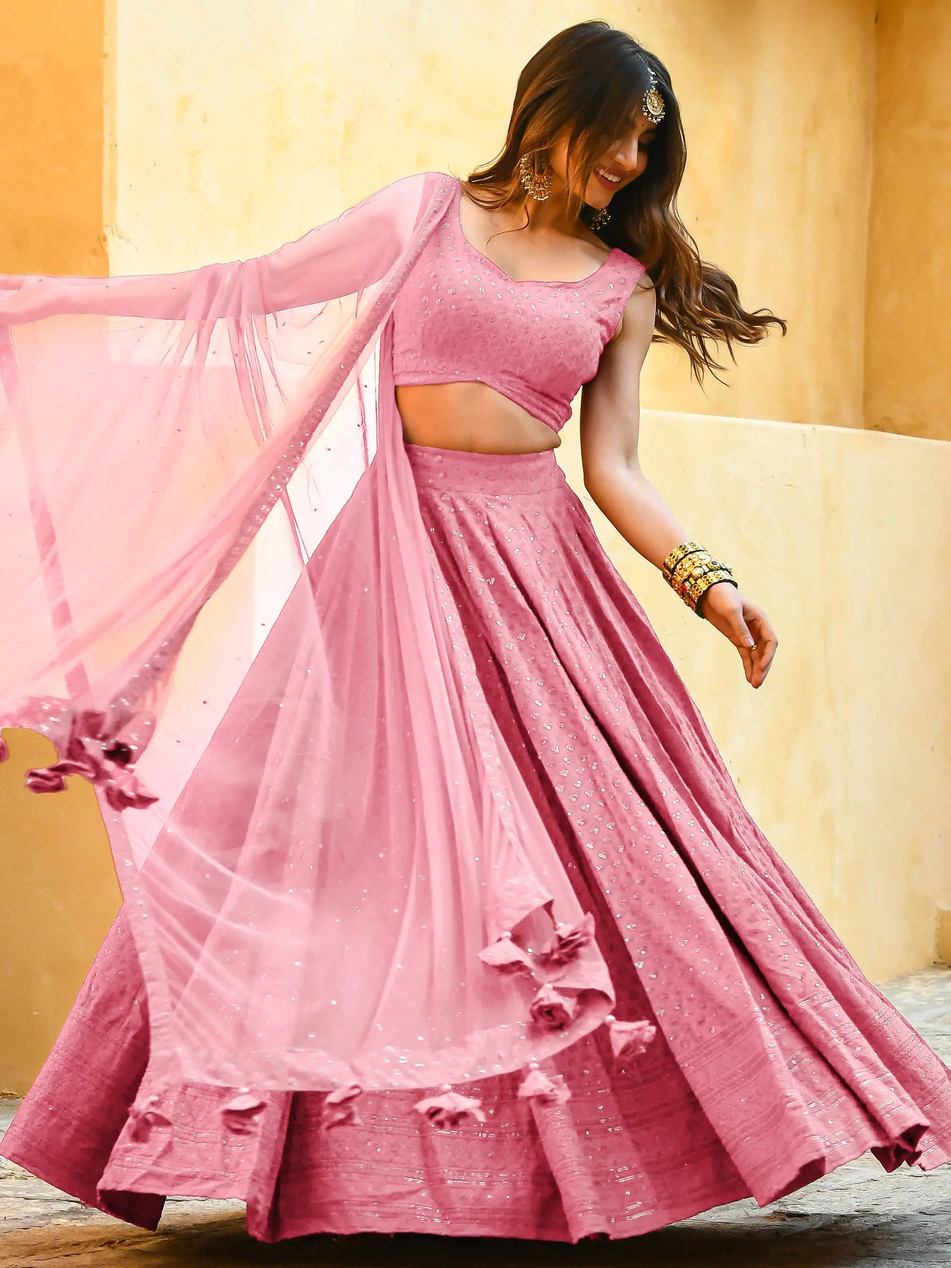 Mesmerizing Baby Pink Sequins Georgette Sangeet Wear Lehenga Choli - Zeel Clothing