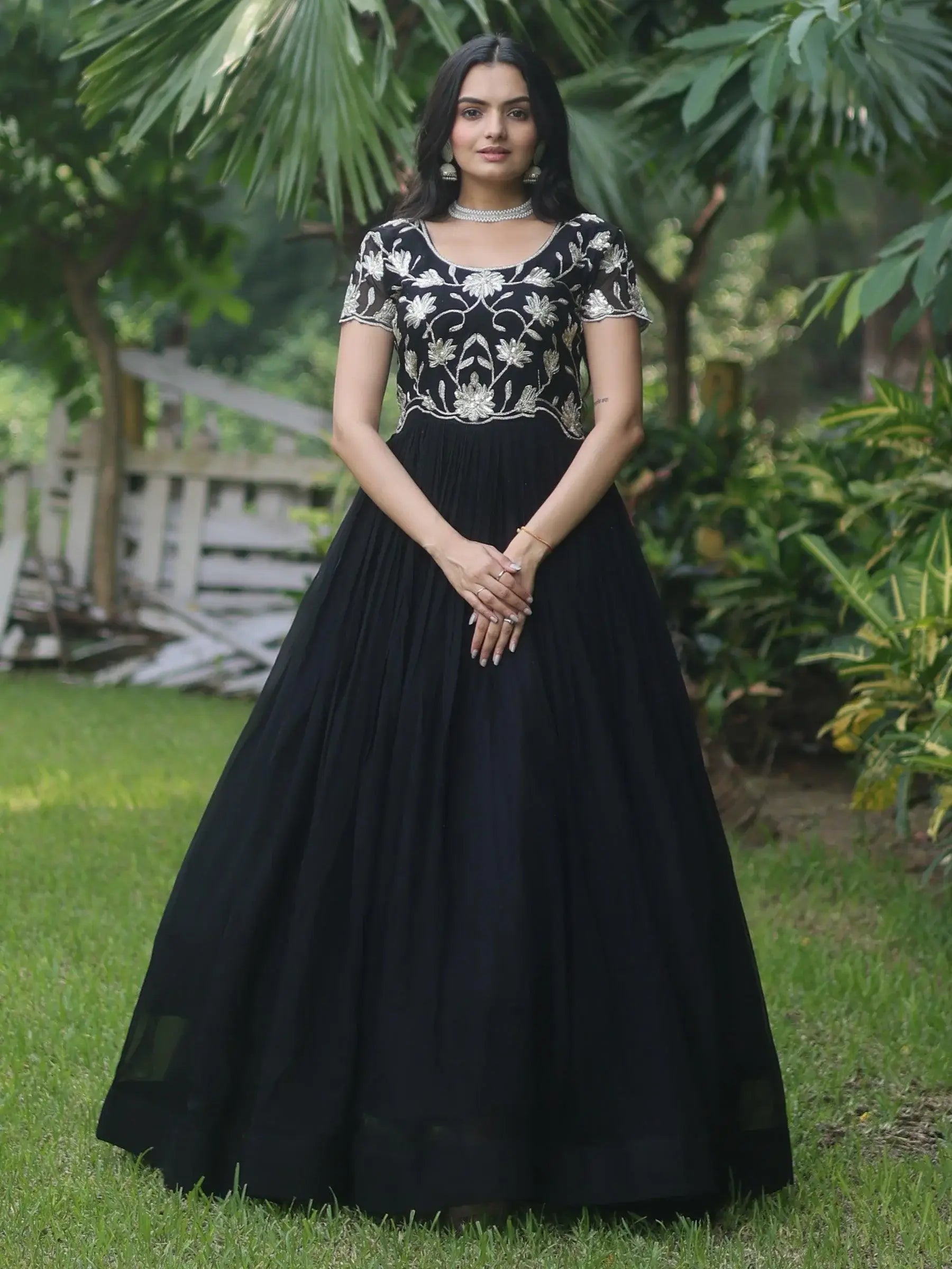 Mesmerizing Black Embroidered Georgette Reception Wear Gown - Zeel Clothing