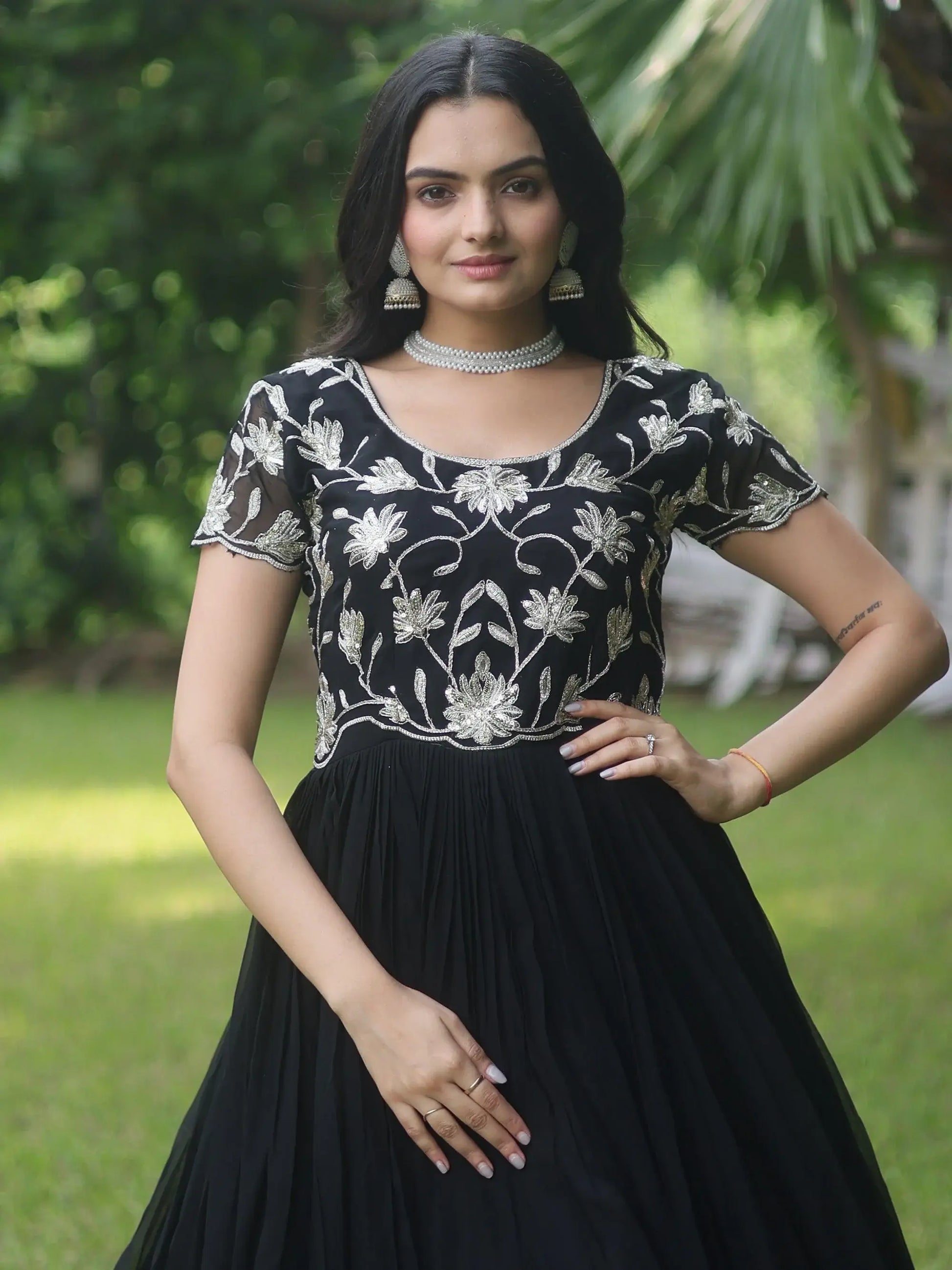 Mesmerizing Black Embroidered Georgette Reception Wear Gown - Zeel Clothing