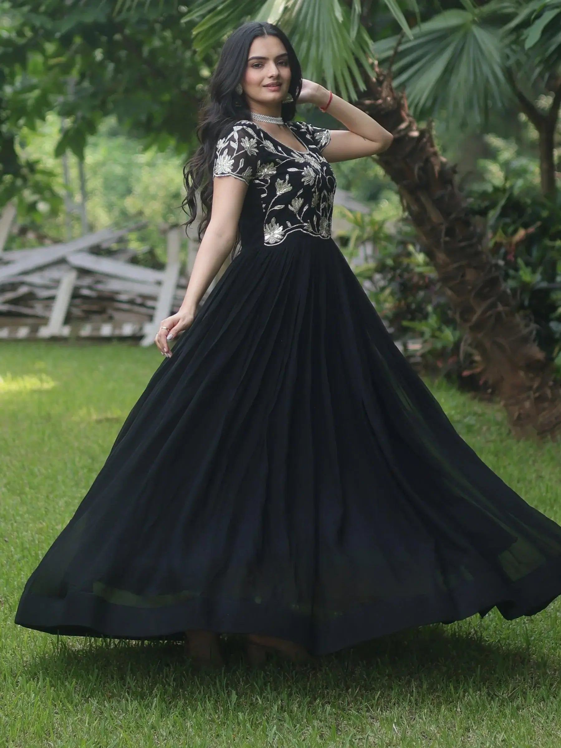 Mesmerizing Black Embroidered Georgette Reception Wear Gown - Zeel Clothing