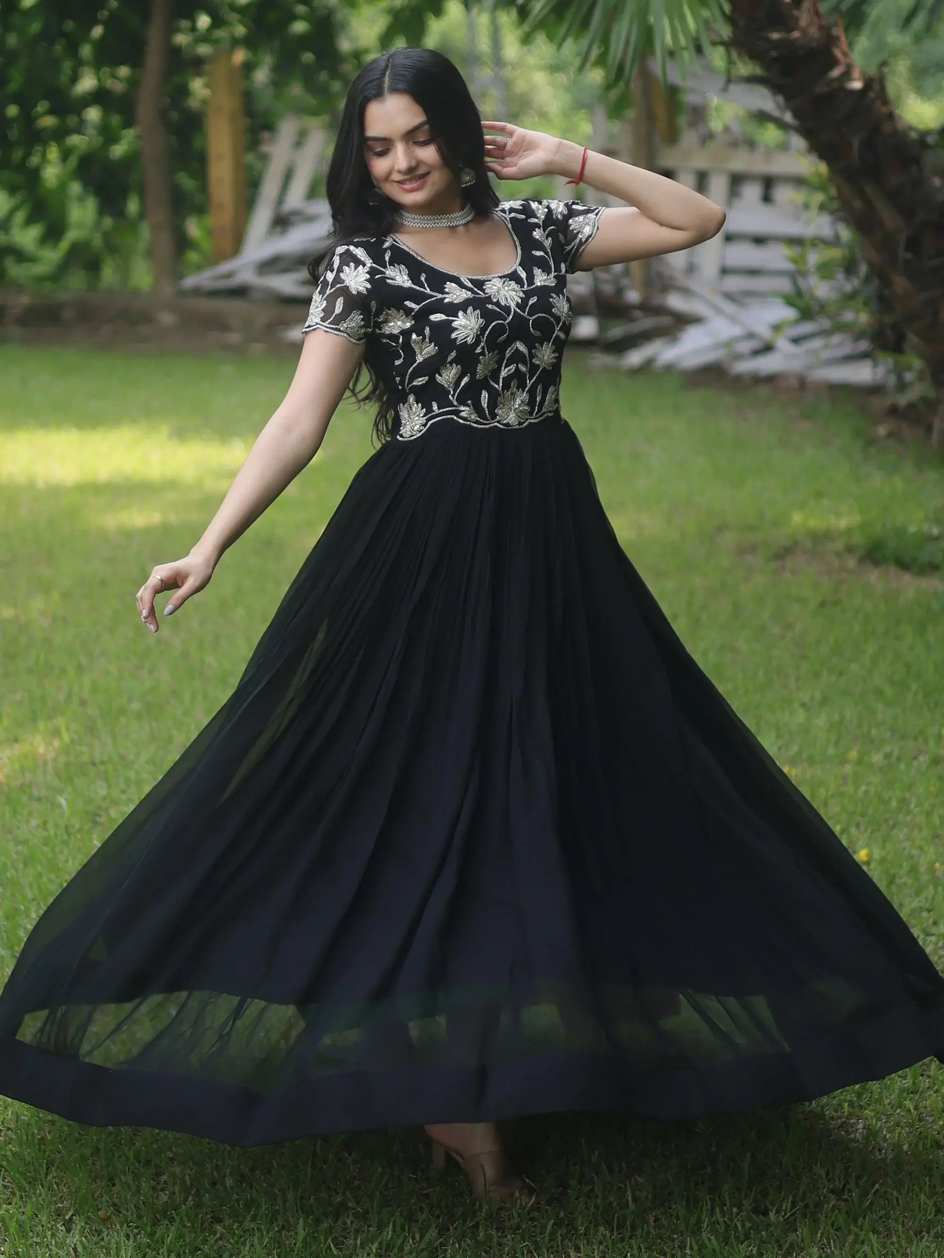 Mesmerizing Black Embroidered Georgette Reception Wear Gown - Zeel Clothing