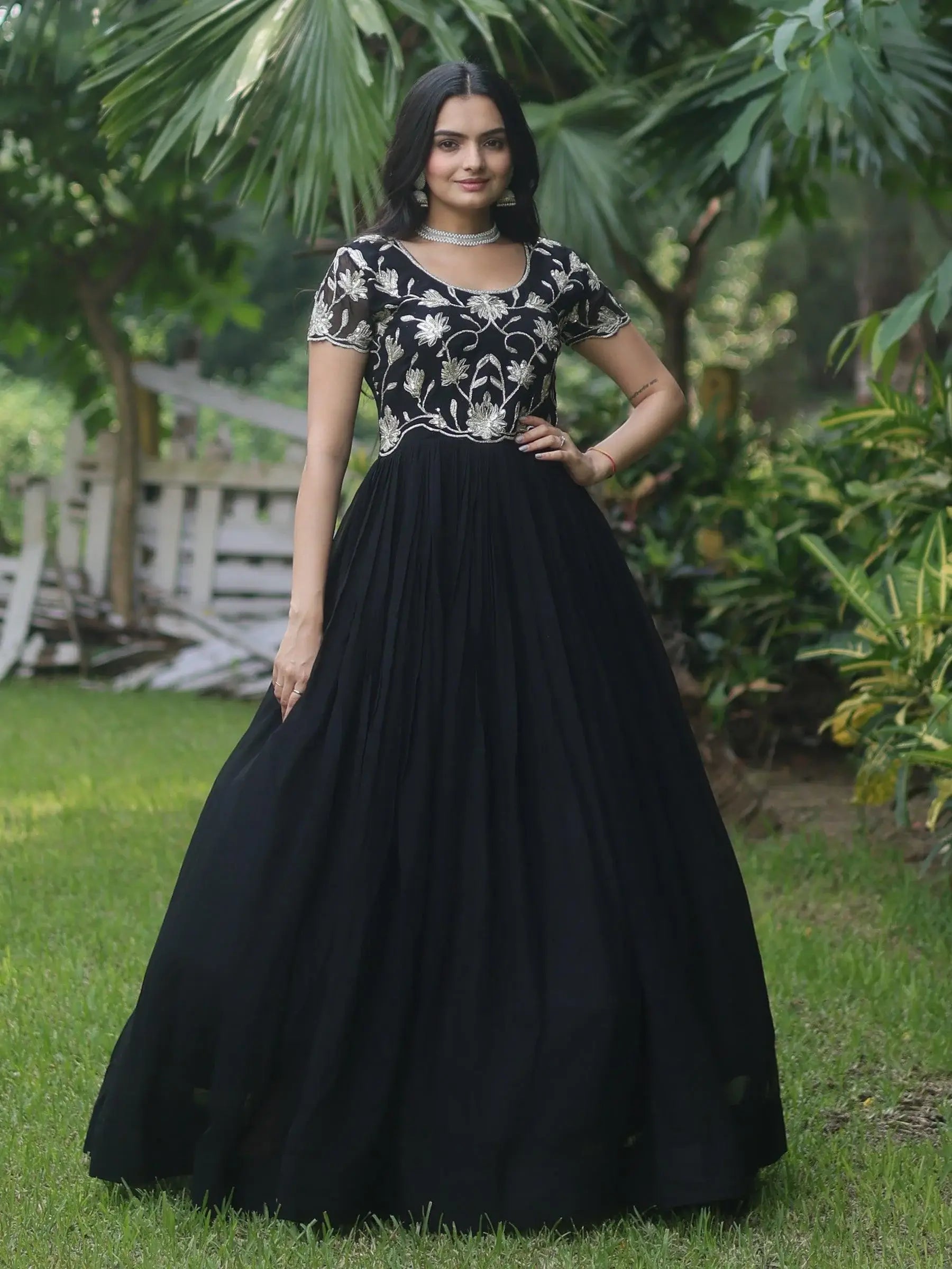 Mesmerizing Black Embroidered Georgette Reception Wear Gown - Zeel Clothing