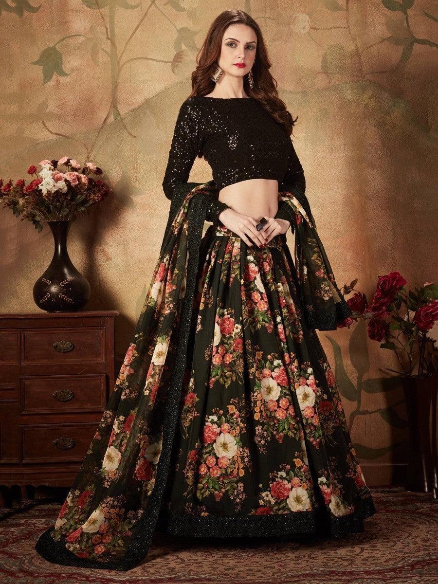 Mesmerizing Black Floral Print Organza Silk Wedding Lehenga Choli