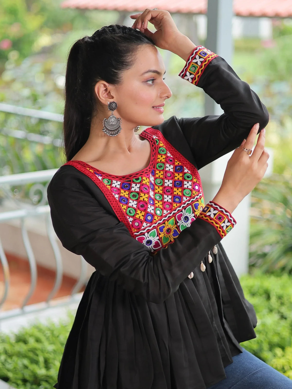 Mesmerizing Black Kutchi Work Silk Navratri Wear Kediya Style Top - Zeel Clothing