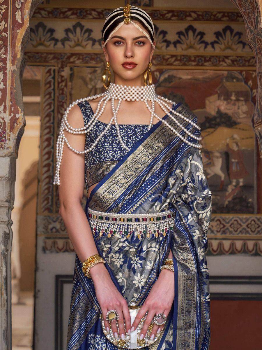 Mesmerizing Blue & Grey Woven Silk Event Wear Saree With Blouse - Zeel Clothing