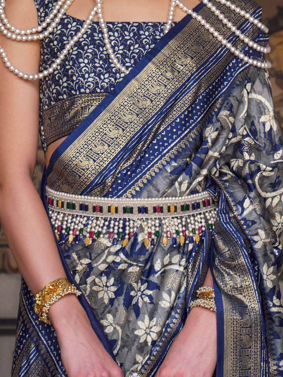 Mesmerizing Blue & Grey Woven Silk Event Wear Saree With Blouse - Zeel Clothing