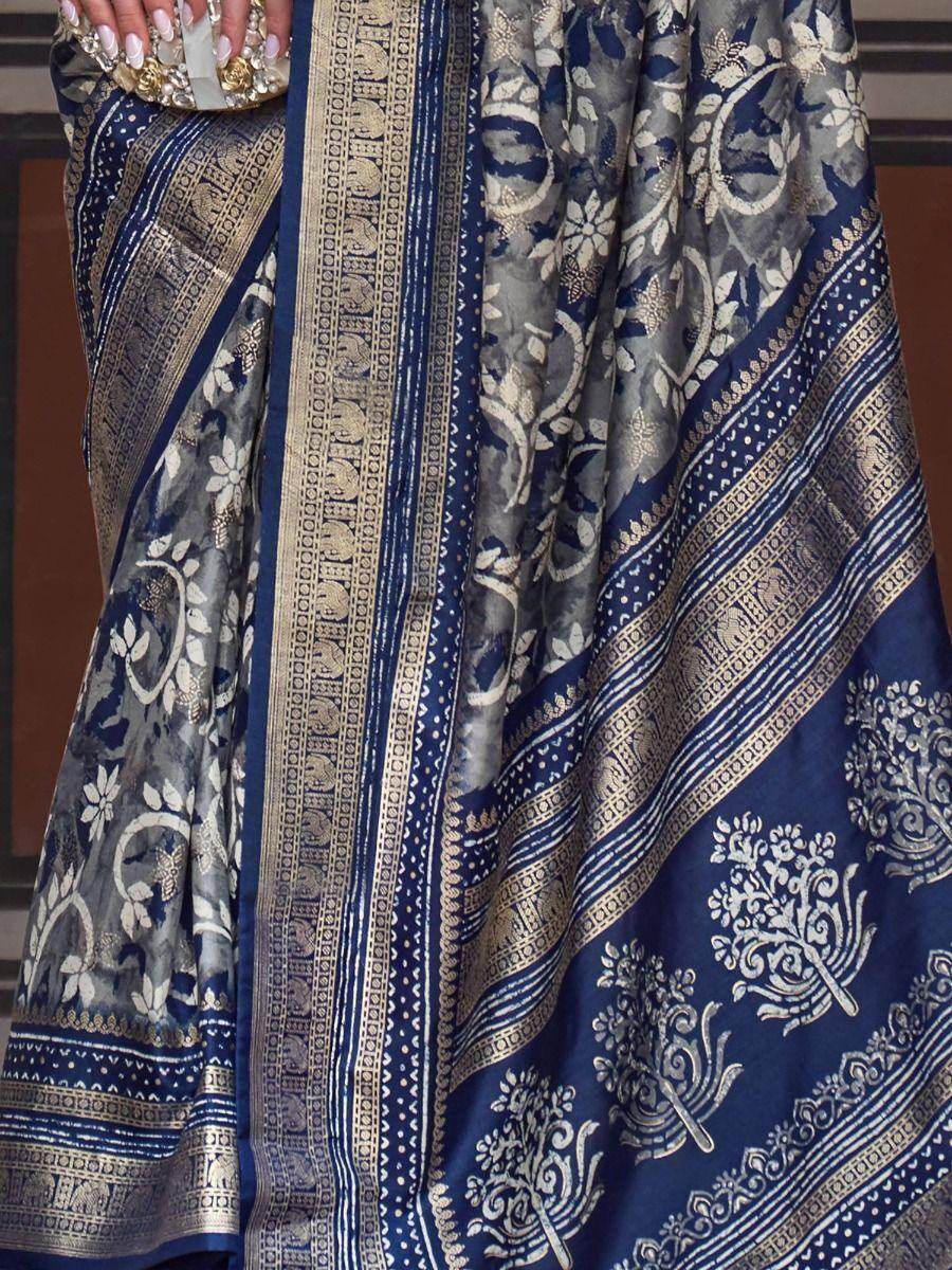 Mesmerizing Blue & Grey Woven Silk Event Wear Saree With Blouse - Zeel Clothing