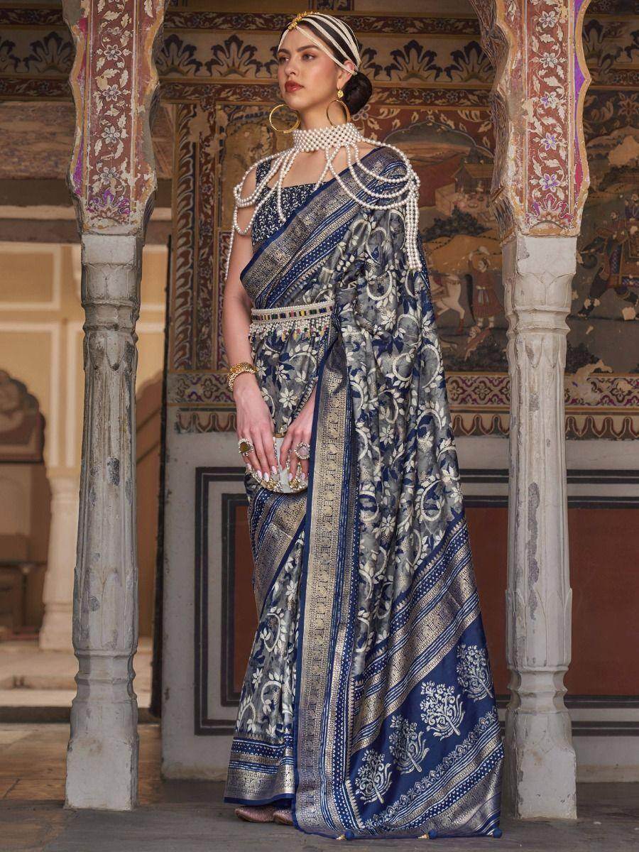 Mesmerizing Blue & Grey Woven Silk Event Wear Saree With Blouse - Zeel Clothing