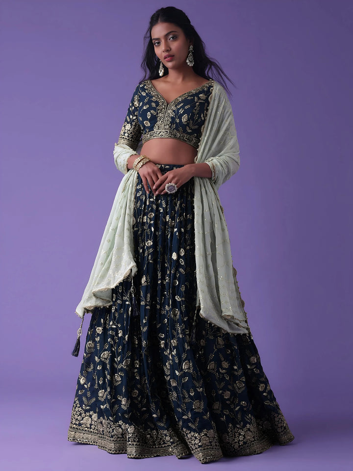 Mesmerizing Blue Zari Embroidered Georgette Wedding Wear Lehenga Choli - Zeel Clothing