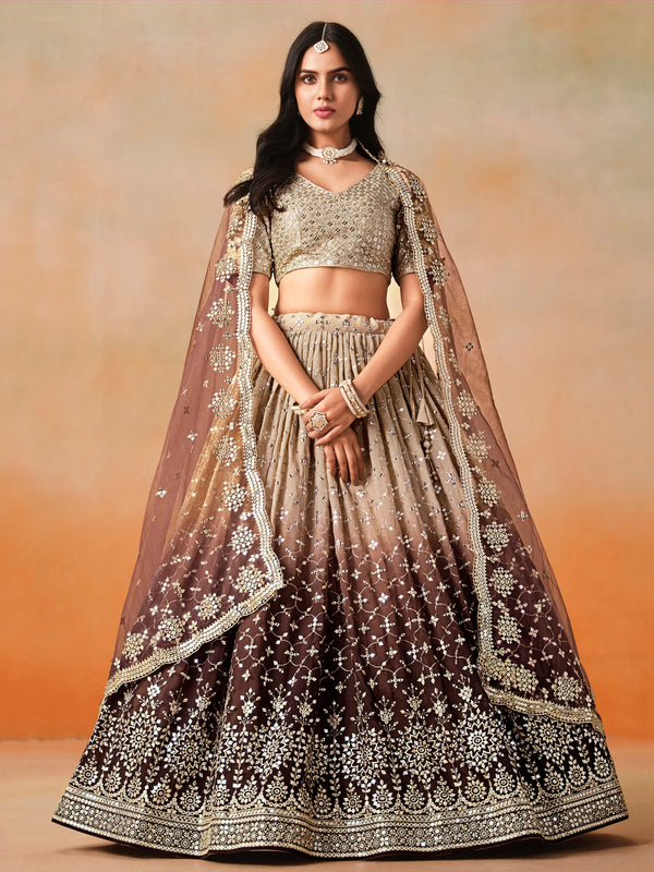 Mesmerizing Brown Georgette Sequins Lehenga Choli With Dupatta - Zeel Clothing