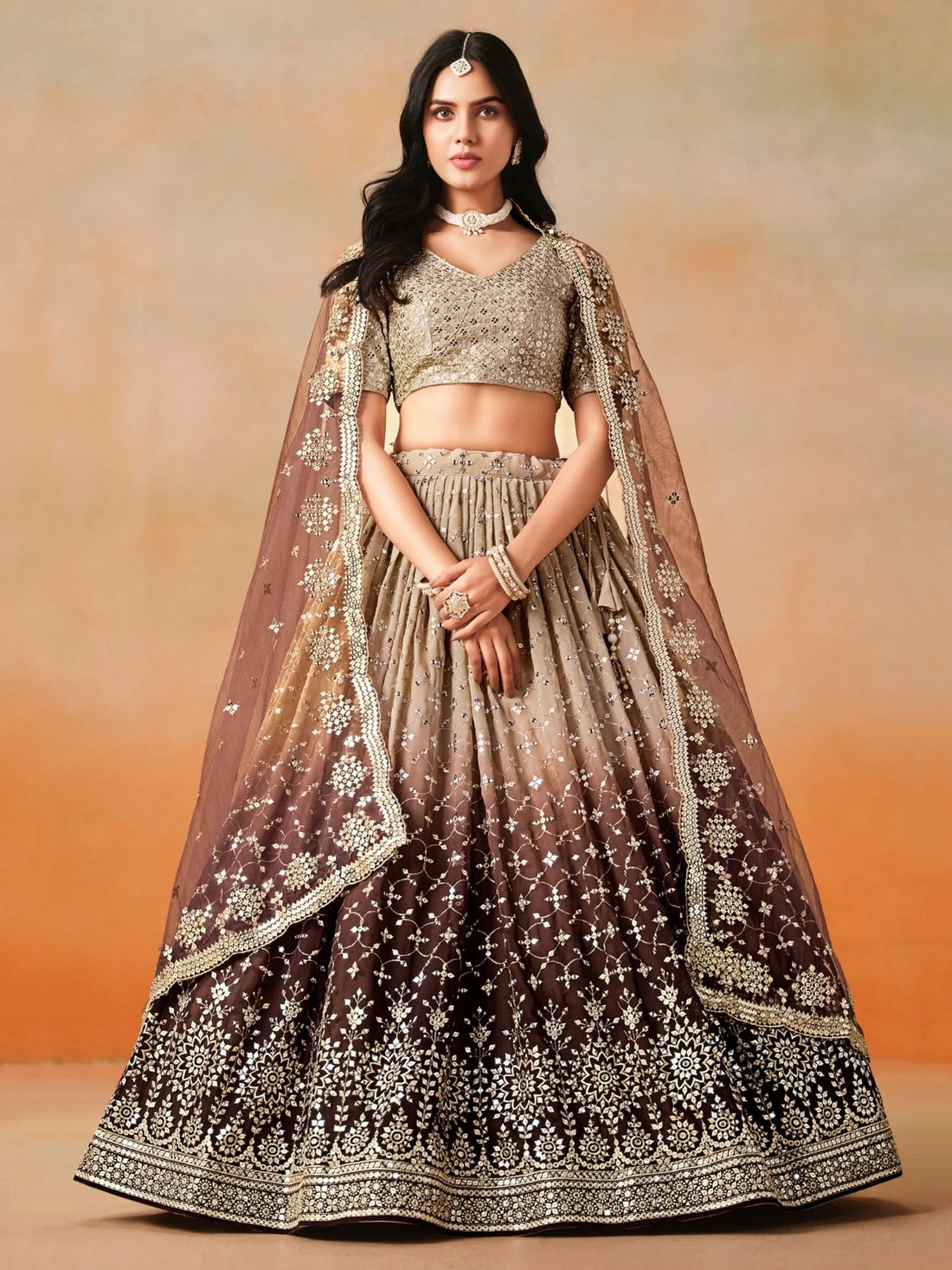 Mesmerizing Brown Georgette Sequins Lehenga Choli With Dupatta - Zeel Clothing