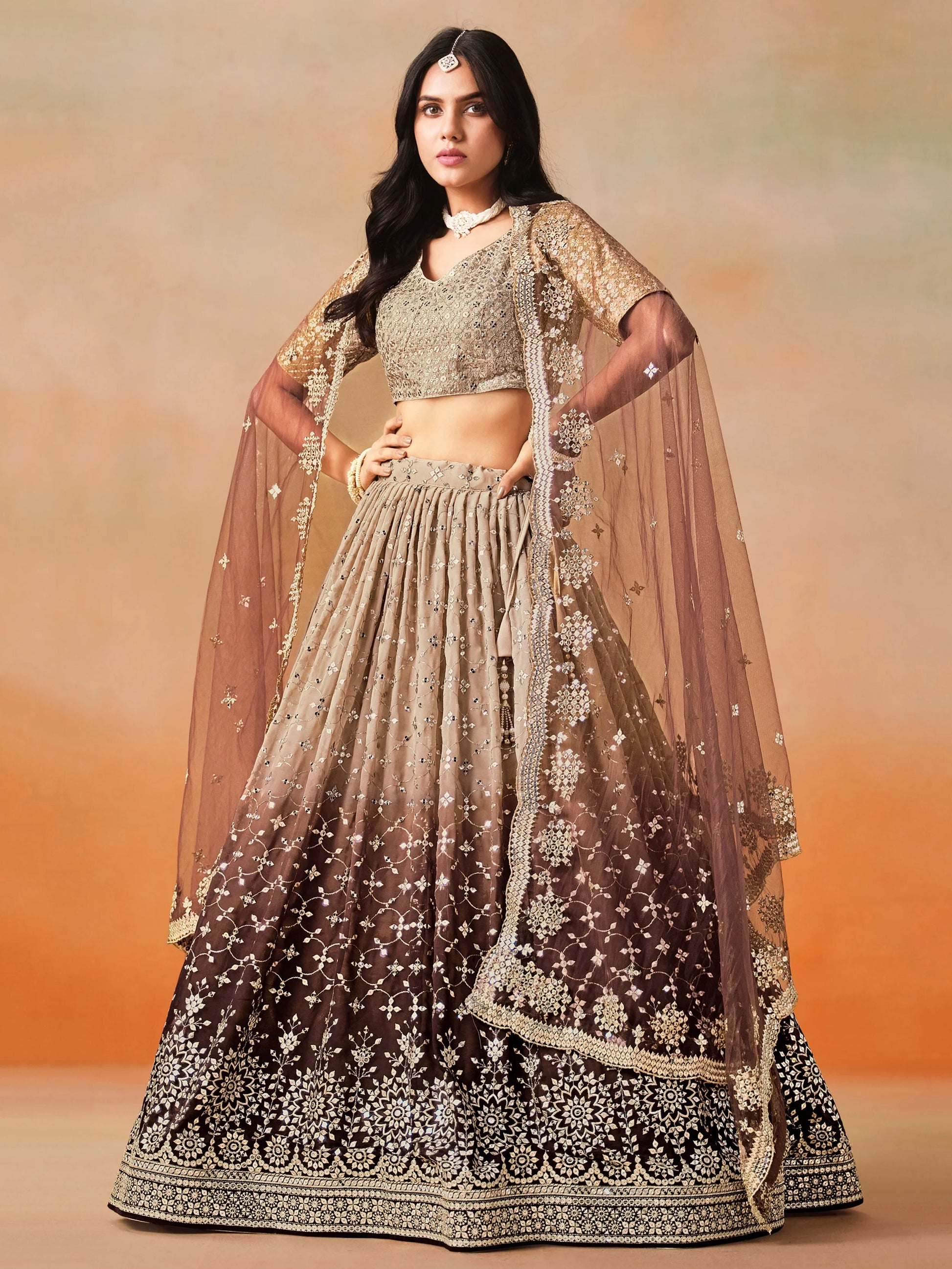 Mesmerizing Brown Georgette Sequins Lehenga Choli With Dupatta - Zeel Clothing