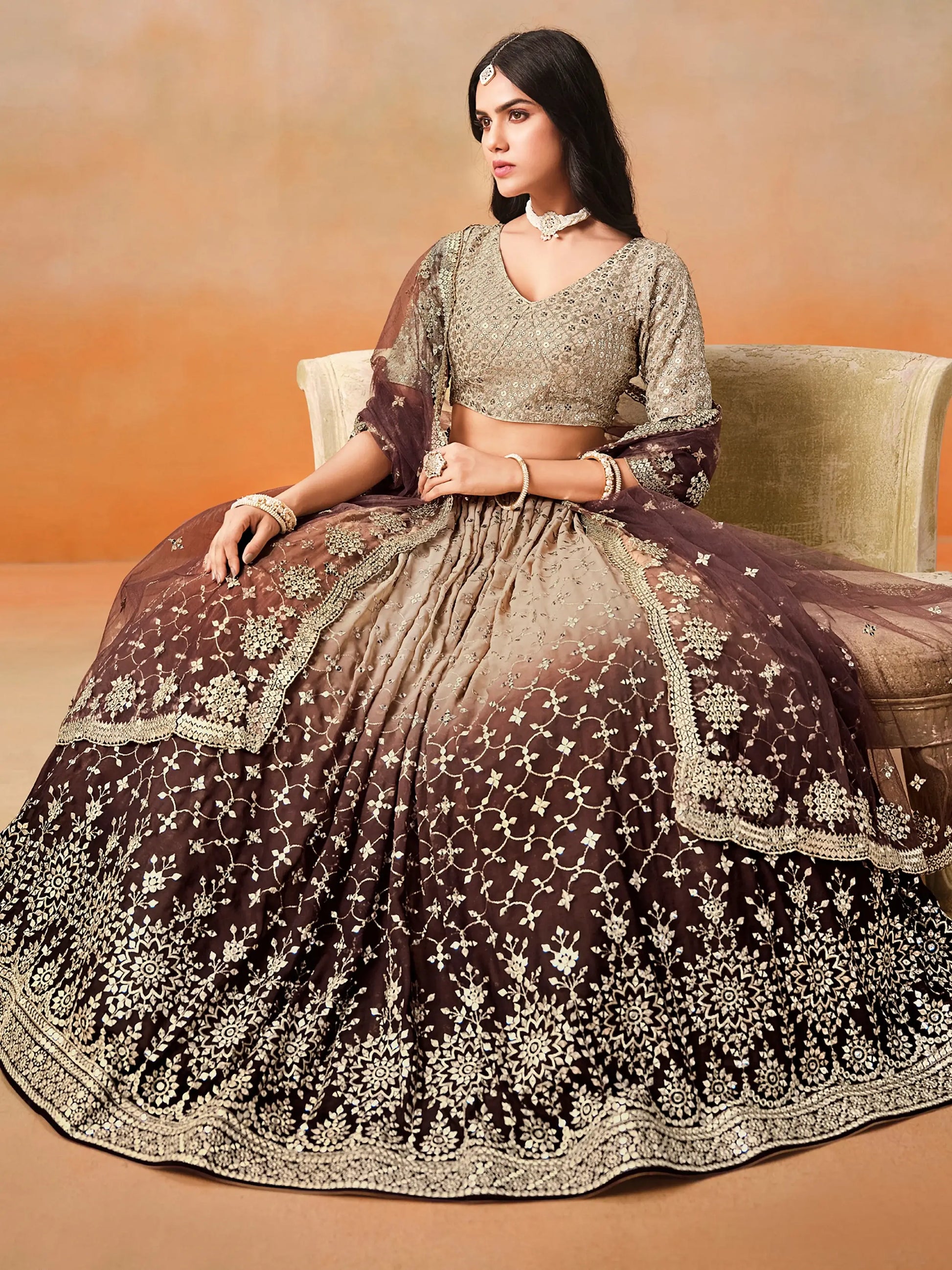 Mesmerizing Brown Georgette Sequins Lehenga Choli With Dupatta - Zeel Clothing