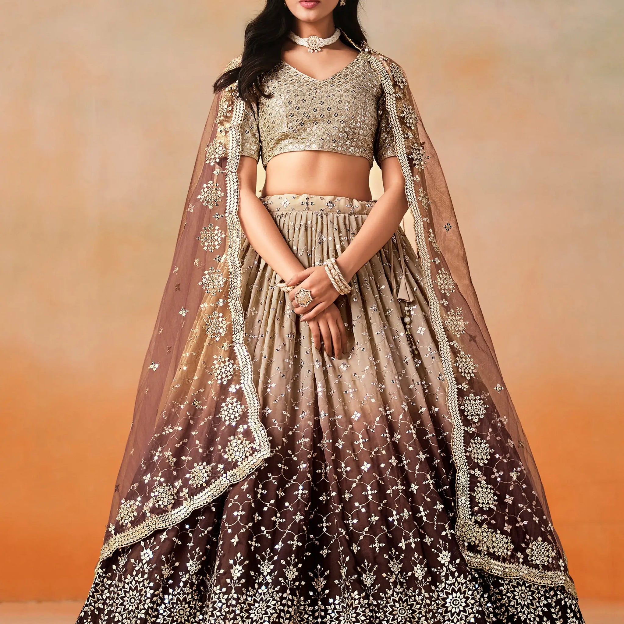 Mesmerizing Brown Georgette Sequins Lehenga Choli With Dupatta - Zeel Clothing