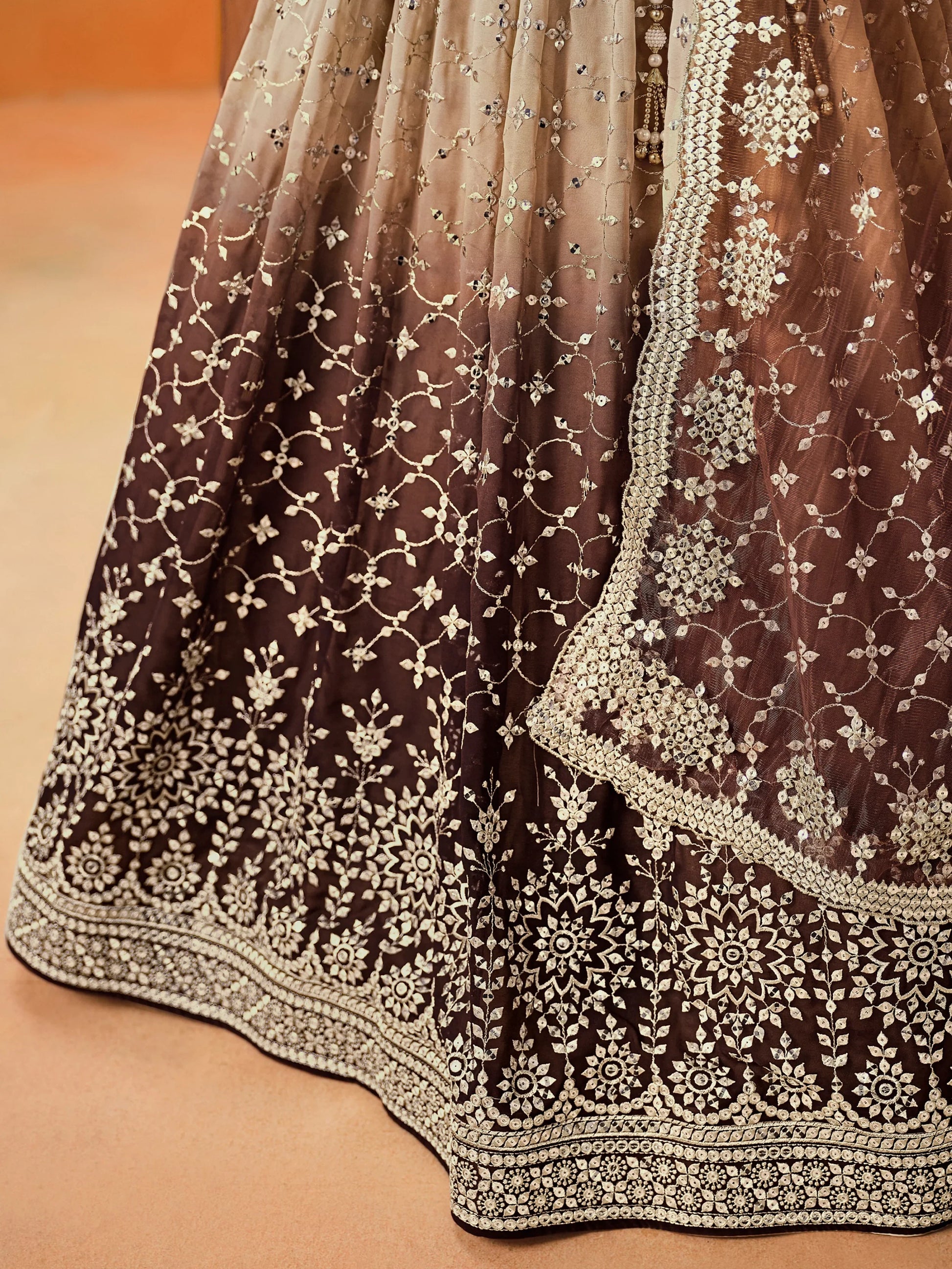 Mesmerizing Brown Georgette Sequins Lehenga Choli With Dupatta - Zeel Clothing