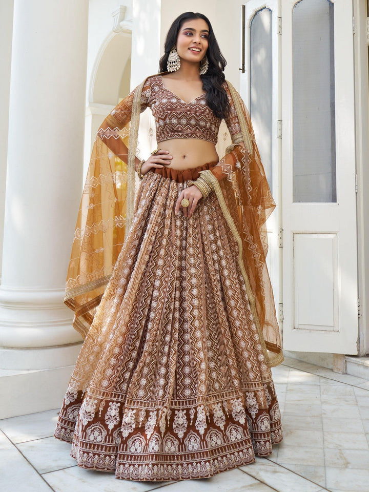 Mesmerizing Brown Thread Work Net Sangeet Wear Lehenga Choli